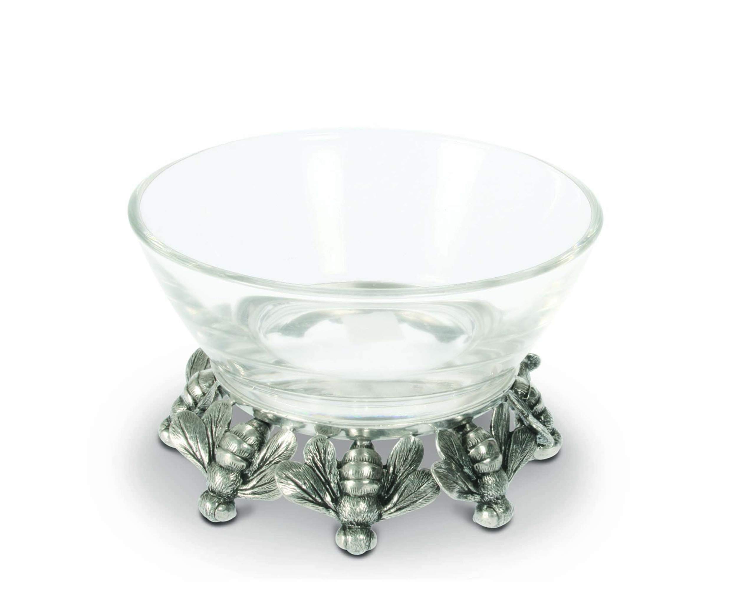 Vagabond House Pewter Honeybee Glass Honey Dip Fruit Serving Bowl 5 Inch - Perfect for Tea Parties, Dessert Displays & Elegant Table Settings