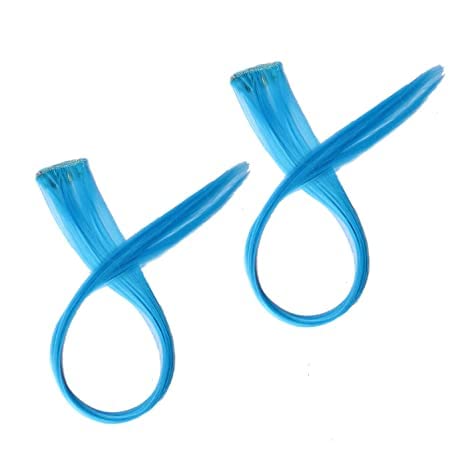 2 Pcs Sky Blue Clip-In Hair Extensions - Straight Synthetic Hair Streaks for Women & Girls - Party & Cosplay Highlights - Easy to Use for Daily Styling & Special Occasions