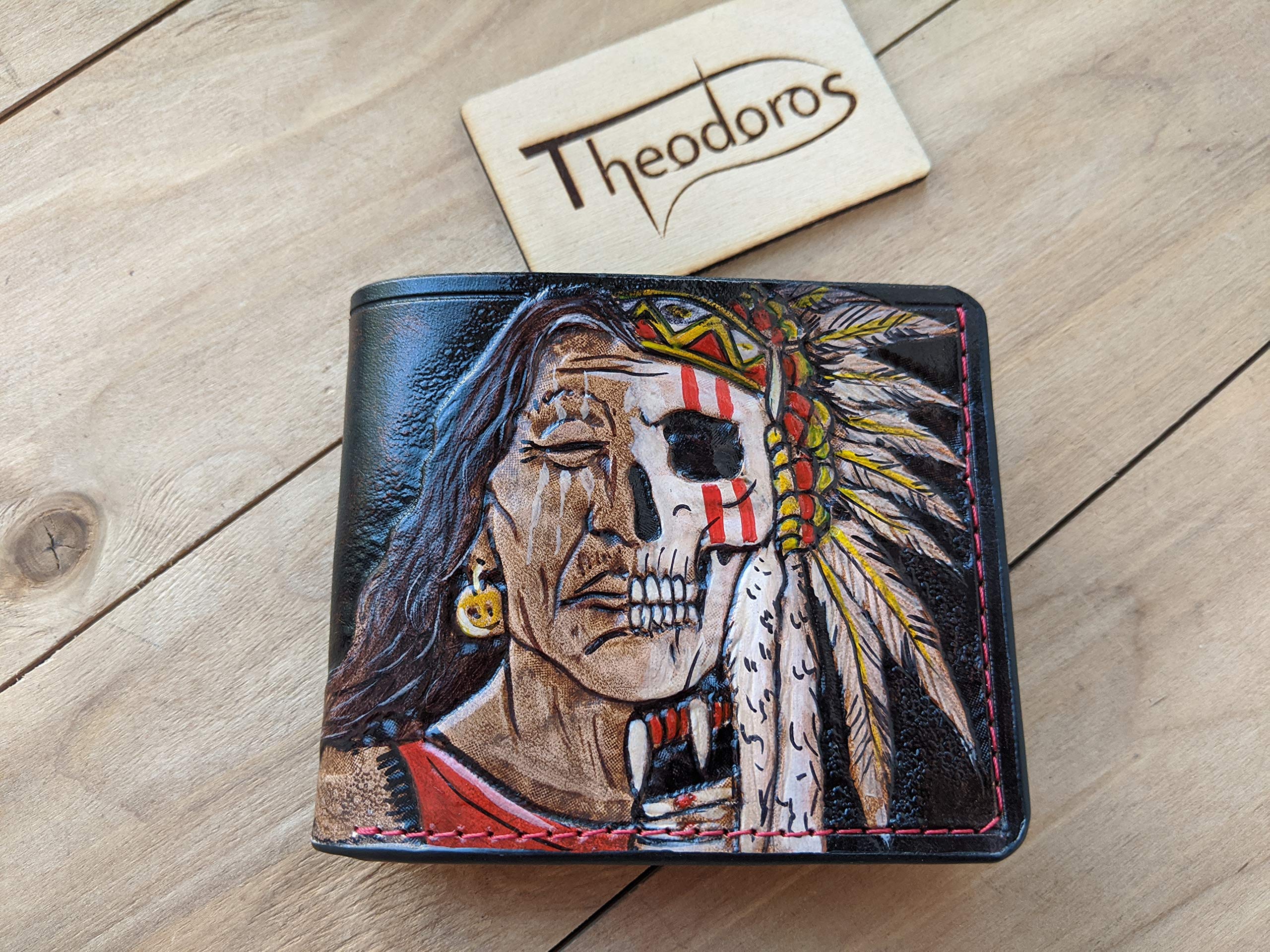 Authentic 3D Genuine Leather Bifold Wallet with Indian Chief Skull & Native American Apache Headdress Design - Handmade Carved Patriotic Men's Wallet for Everyday Use & Gift Giving