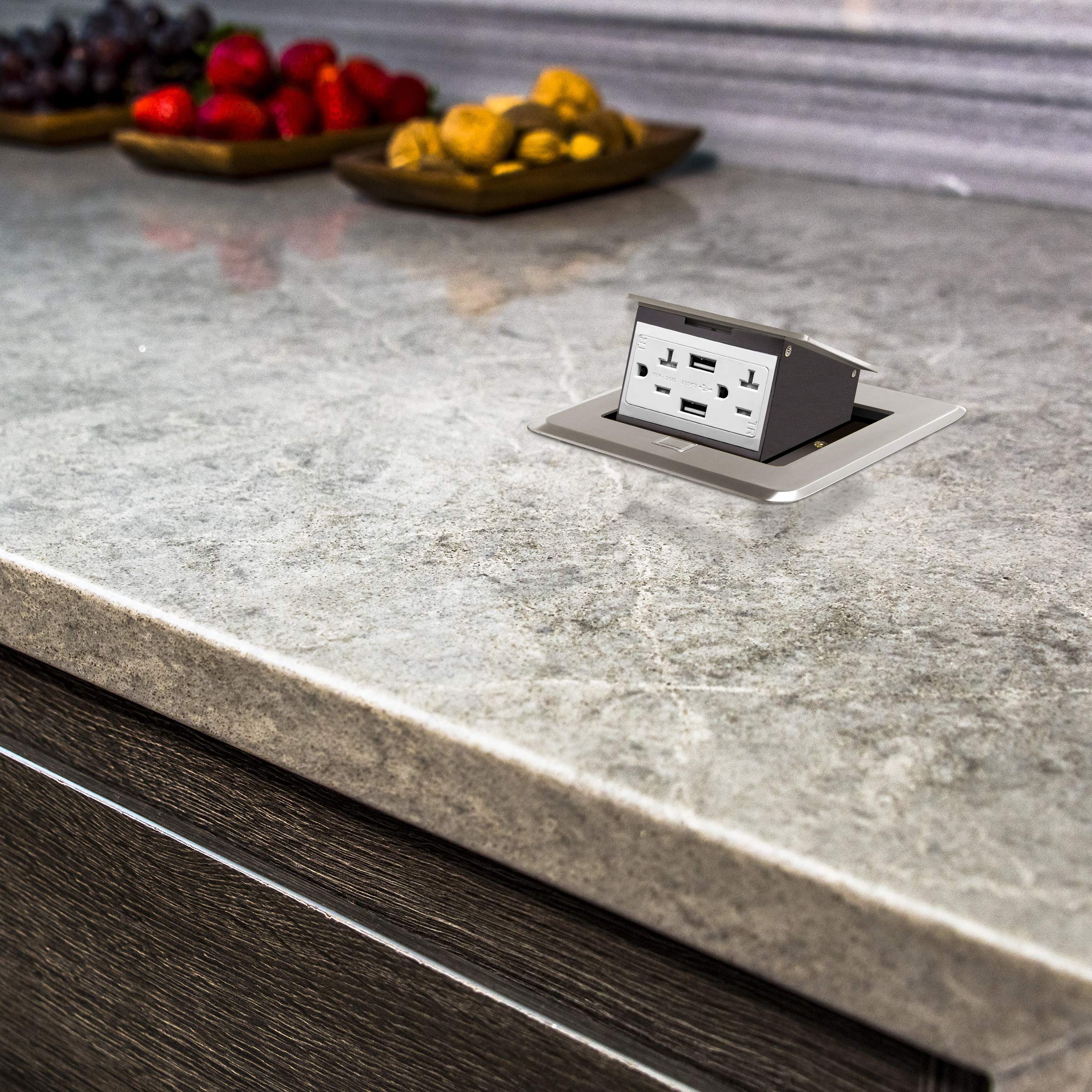 ENERLITES Soft Pop-Up Square Floor Box Kit with 4A USB Charging & 20A Tamper-Proof Weather-Resistant Outlet - Watertight Gasket, Corrosion-Resistant Nickel Plated Brass Cover (Model 961248-S-USB) - Ideal for Outdoor Patios, Decks & Commercial Spaces