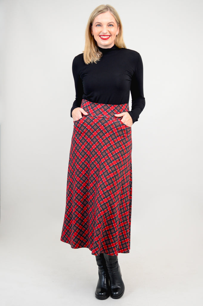 Gillian Skirt - Stylish Cherry Plaid Bamboo Midi Skirt for Women | Perfect for Casual Outings, Office Wear & Summer Fashion