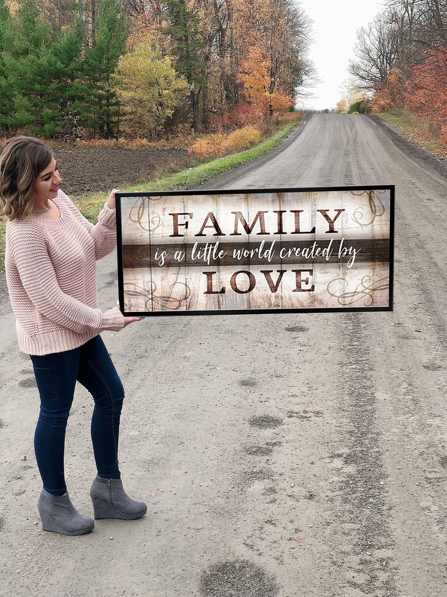 Family Wall Art - Farmhouse Decor for Living Room - Brown & Black Floating Frame 42x19