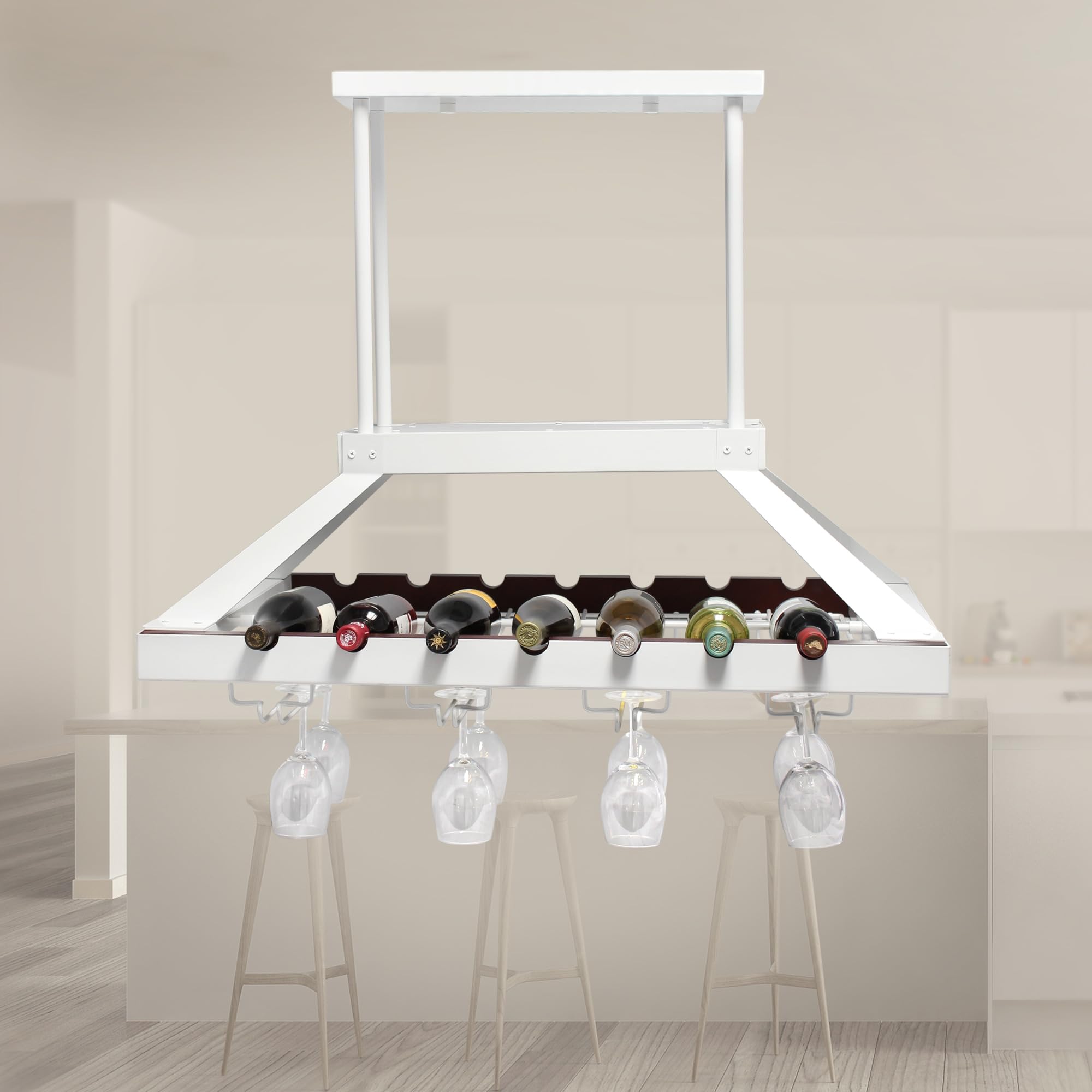 Elegant WR1000-WHT Modern Kitchen LED Pendant Light with Wine Rack - Overhead Island Chandelier for Bottle & Glass Storage Display (White) - Perfect for Dining Room, Bar, and Home Decor Lighting