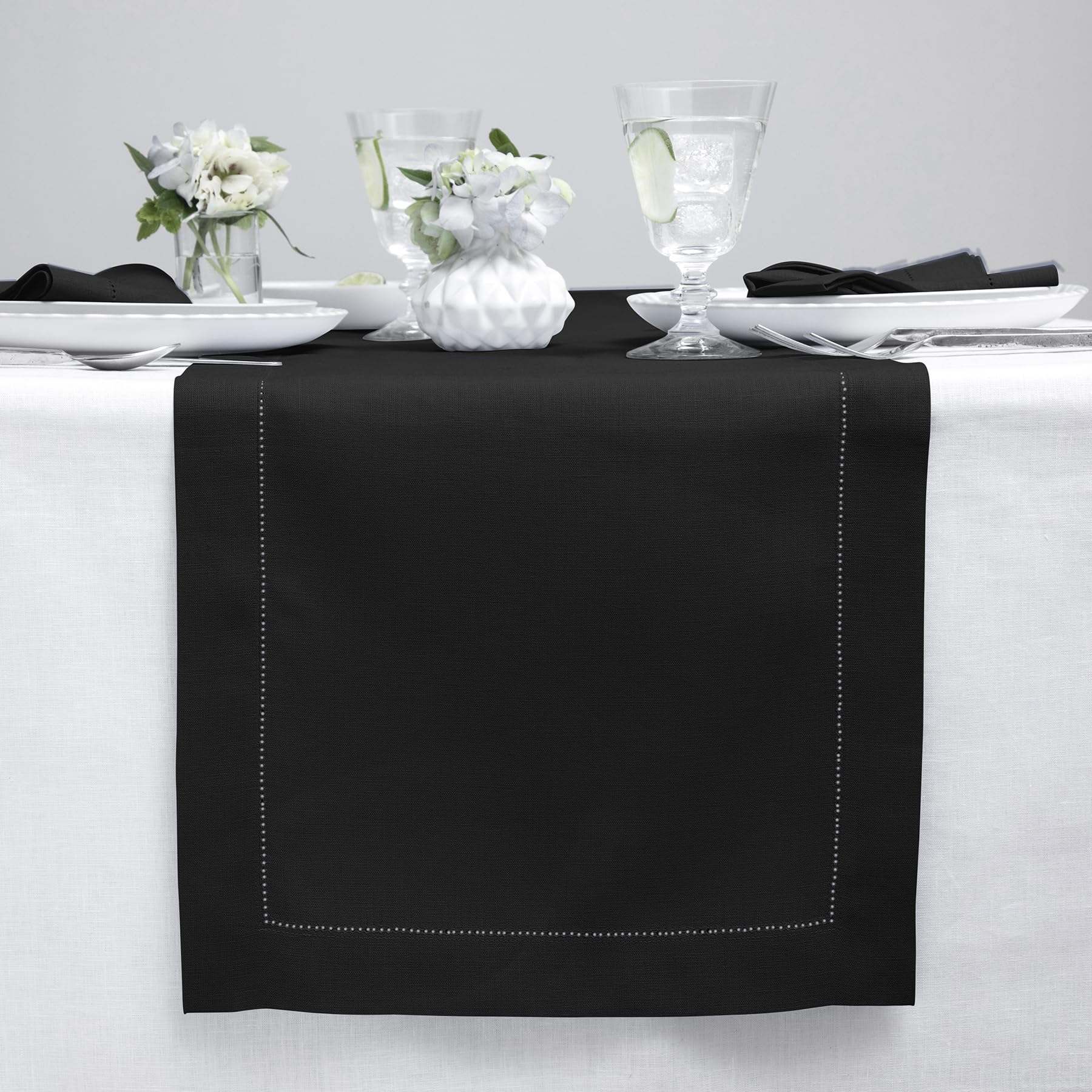 Solino Home 100% Pure Linen Table Runner 16 x 120 Inches - Classic Hemstitch Black Dining Tablecloth for Wedding, Party & Holiday Decor (Easter, Mother's Day, Spring) - Elegant Table Setting for Formal Dinners & Special Occasions
