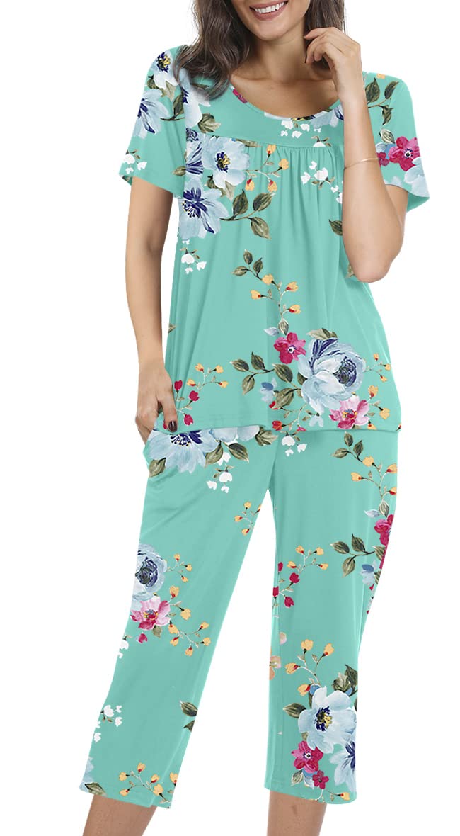 POPYOUNG Women's Summer Pajama Set - Soft 2-Piece Sleepwear with Pockets, Comfortable Short Sleeve & Capri Pajamas for Lounge, Sleep & Relaxation at Home