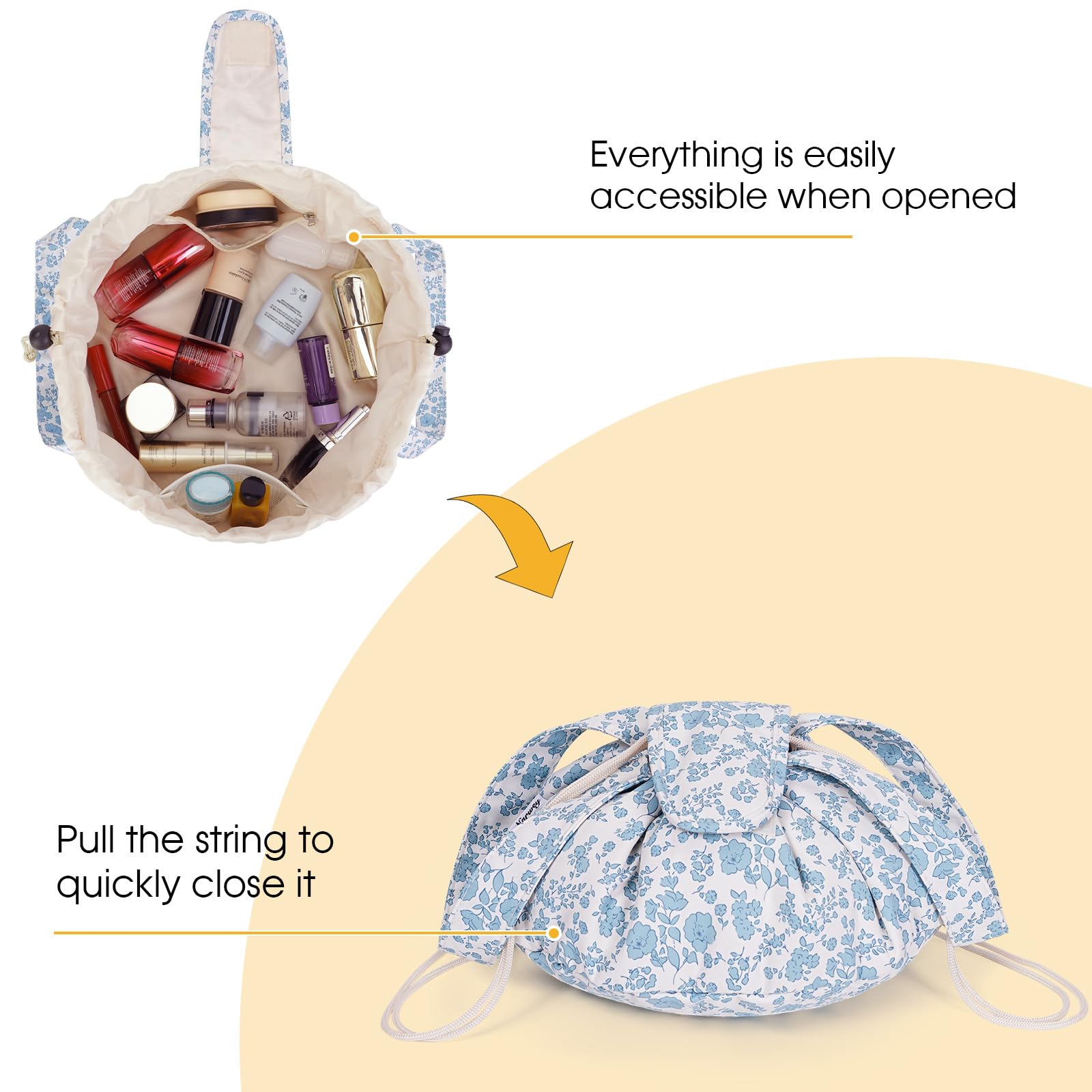 Large Floral Drawstring Makeup Bag | Waterproof Cosmetic & Toiletry Organizer | Travel Makeup Pouch for Women & Teen Girls | Perfect Gift for Birthdays & Travel | (Little Blue Flower Design, Patent Protected)