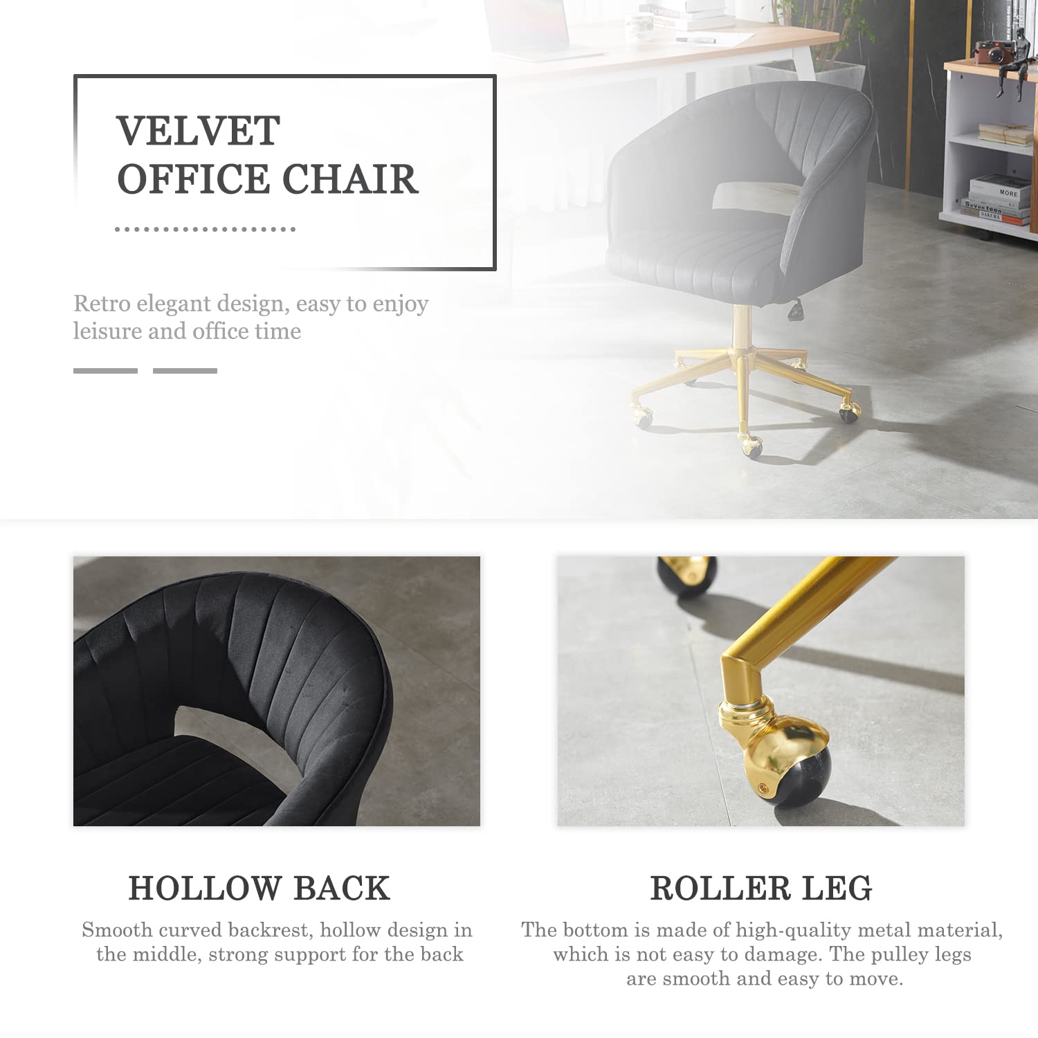Kiztir Velvet Home Office Chair with Gold Base - Modern Swivel Desk Chair with Round Solid Wheels & Adjustable Height - Ergonomic Computer Chair for Study, Living Room, Bedroom - Perfect for Remote Work & Home Decor (Black)