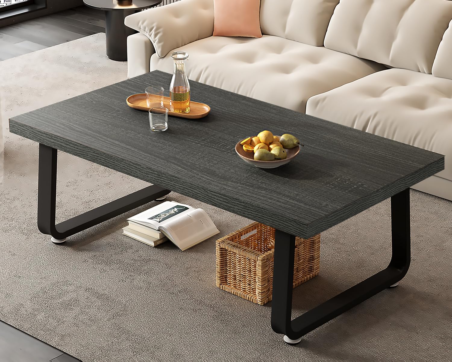 HSH Industrial Wooden Coffee Table - Modern Minimalist Rectangular Center Table with Wood & Metal Legs, Dark Gray Oak, 47 Inch - Perfect for Living Room, Bedroom & Home Office | Cocktail Table, Tea Table, Accent Table for Stylish Home Decor