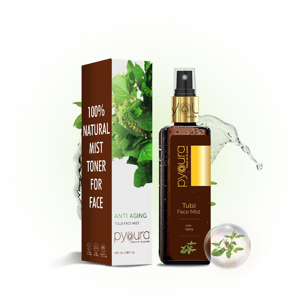 PYOURA Tulsi Anti-Wrinkle Face Mist 100ml - Natural Anti-Aging Serum & Toner for Glowing Skin, Pore Tightening, Hydration - For Dry, Oily & Combination Skin - Perfect for Daily Skincare Routine & On-the-Go Refreshment