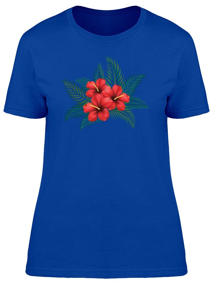 Women's Red Hibiscus Jungle Leaves T-Shirt - Soft Cotton Tee for Casual Wear, Summer Outfits & Tropical Vacations