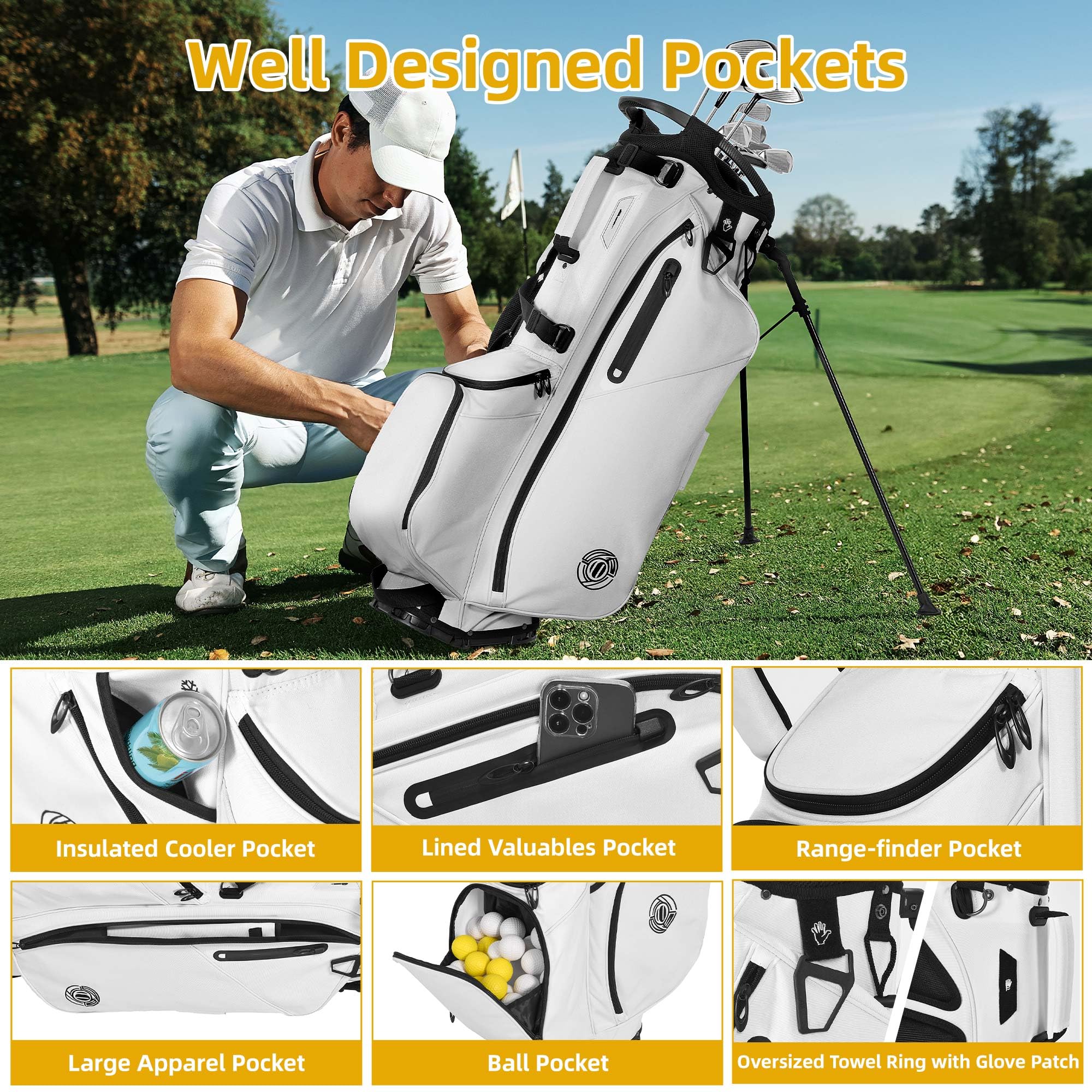 DWVO 14-Way Lightweight Golf Stand Bag with Padded Ergonomic Double Strap - Full Length Dividers & Rain Hood - Perfect for Men & Women Golfers on the Course or Driving Range