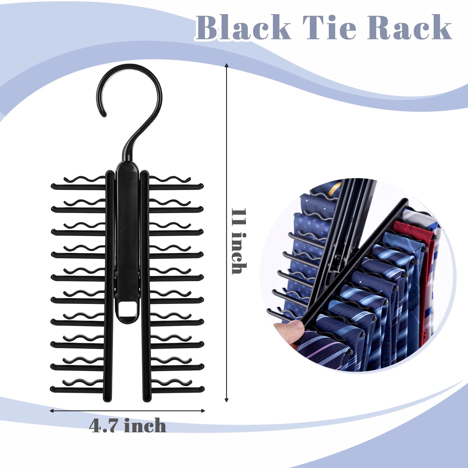 MCPINKY Black Tie Rack - 20 Hook Necktie & Belt Hanger Organizer - Space Saving Closet Storage Solution for Men's Accessories - Perfect for Home, Office, and Travel Organization