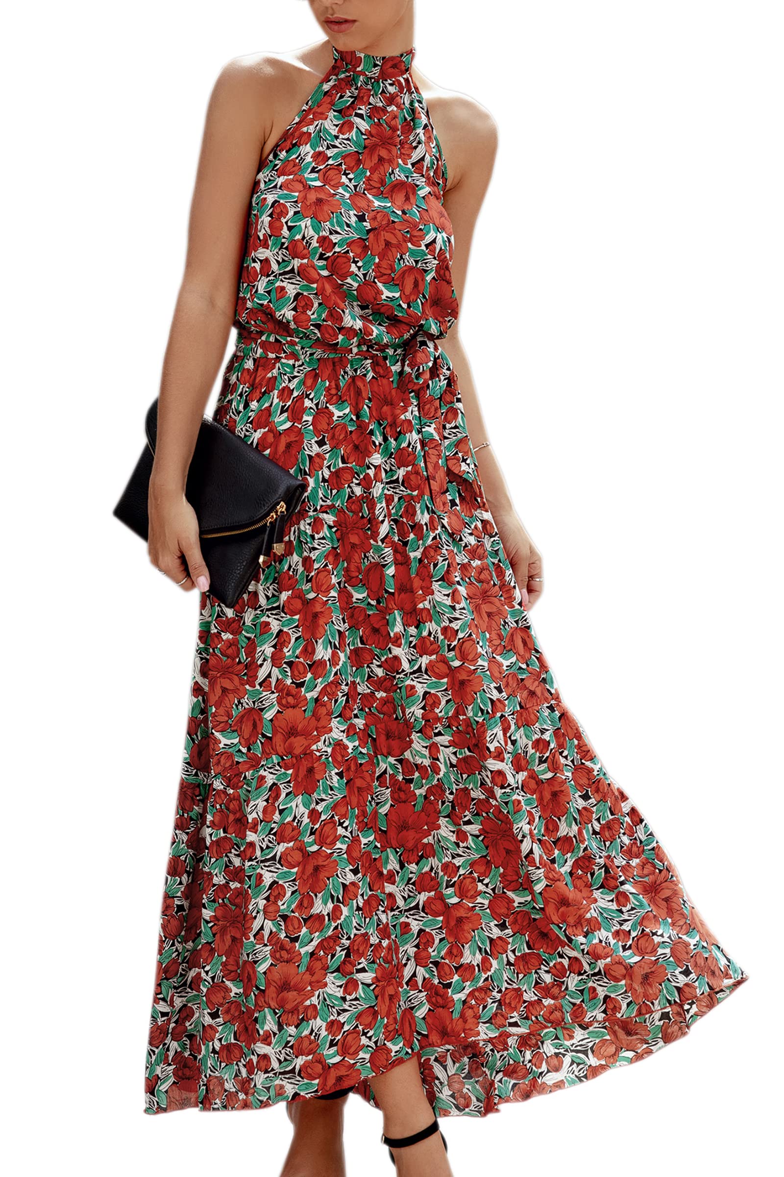 ECOWISH Women's Summer Dresses 2023 - Boho Floral Maxi Sun Dress with Halter Neck | Flowy Beach Party & Prom Dress for Women | Perfect for Vacations, Weddings & Outdoor Events