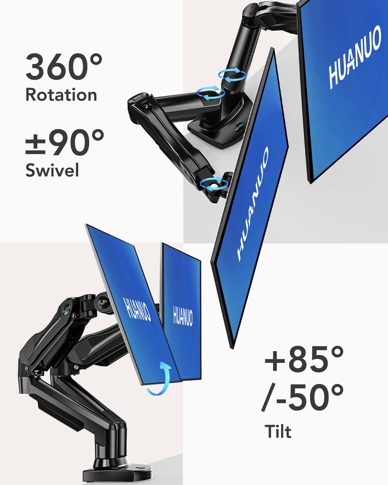 HUANUO Dual Monitor Stand - Adjustable Spring Monitor Arm for 13-32 Inch Screens, C Clamp/Grommet Mounting Base, VESA Compatible, Holds 4.4-19.8lbs - Perfect for Home Office, Gaming Setup & Workspace Ergonomics