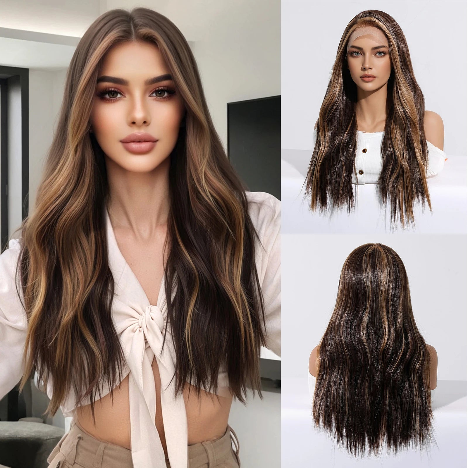 Long Brown Blonde Highlight Synthetic Hair Wig for Women - Natural Looking Straight Shoulder Length Cosplay Costume Party Daily Wear