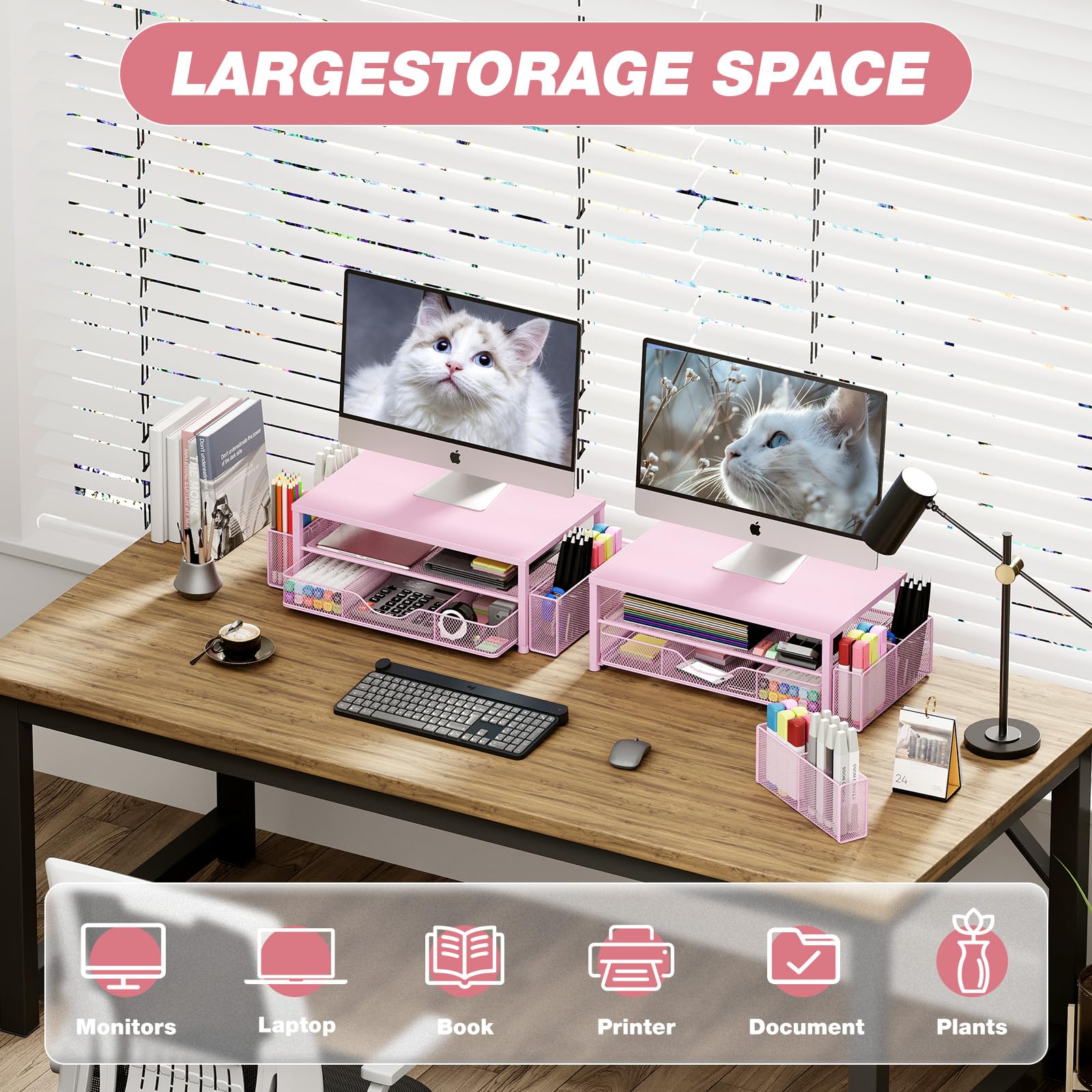 2-Tier Pink Monitor Stand with Drawer & Pen Holders - Space Saving Desk Organizer for Office Supplies | Perfect for Home Office, Workspace & Computer Desk Organization