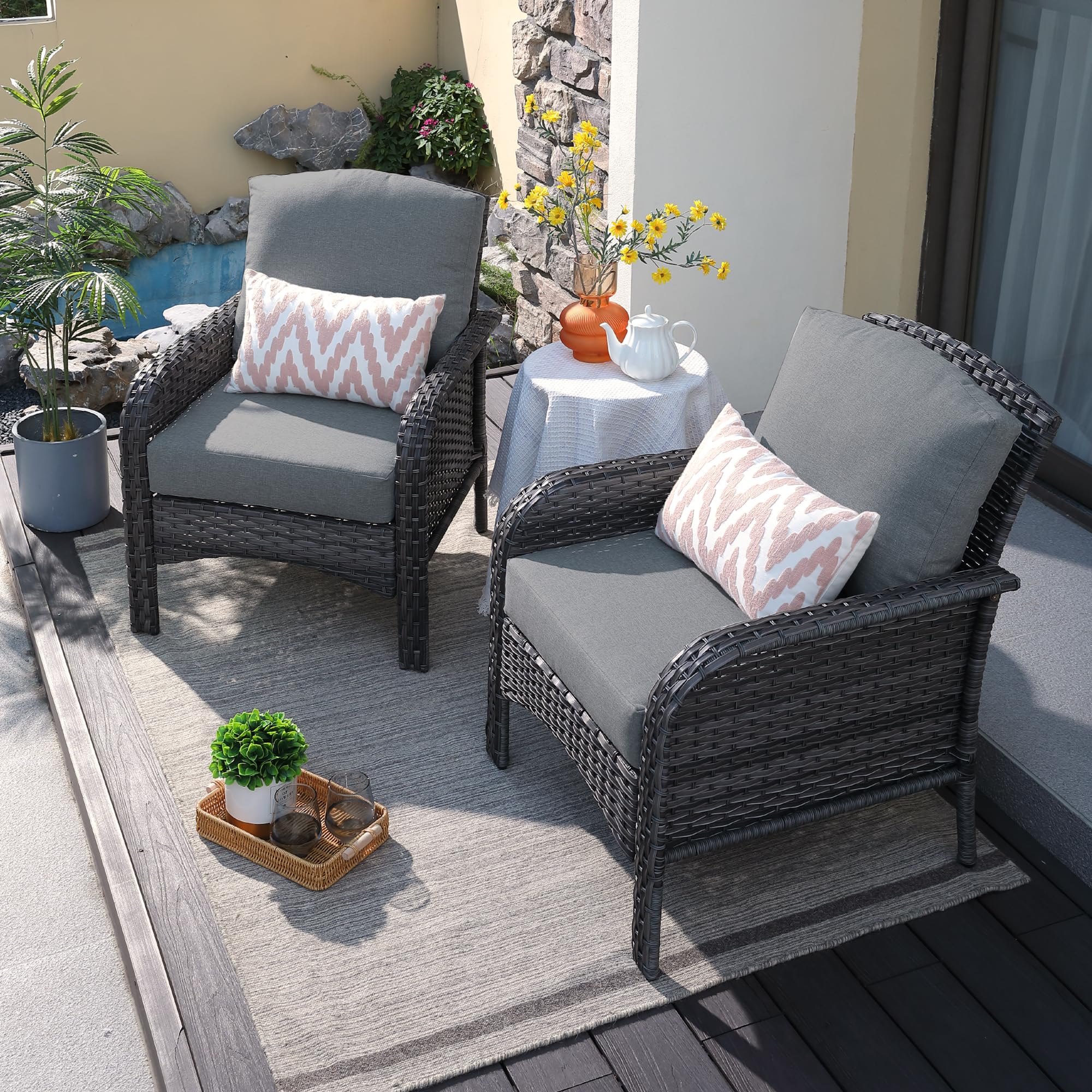 2-Piece Patio Furniture Set - All-Weather Outdoor Wicker Chairs with High Back & Comfy Cushions - Dark Grey Rattan 2-Seater for Porch, Deck, Garden & Backyard Relaxation