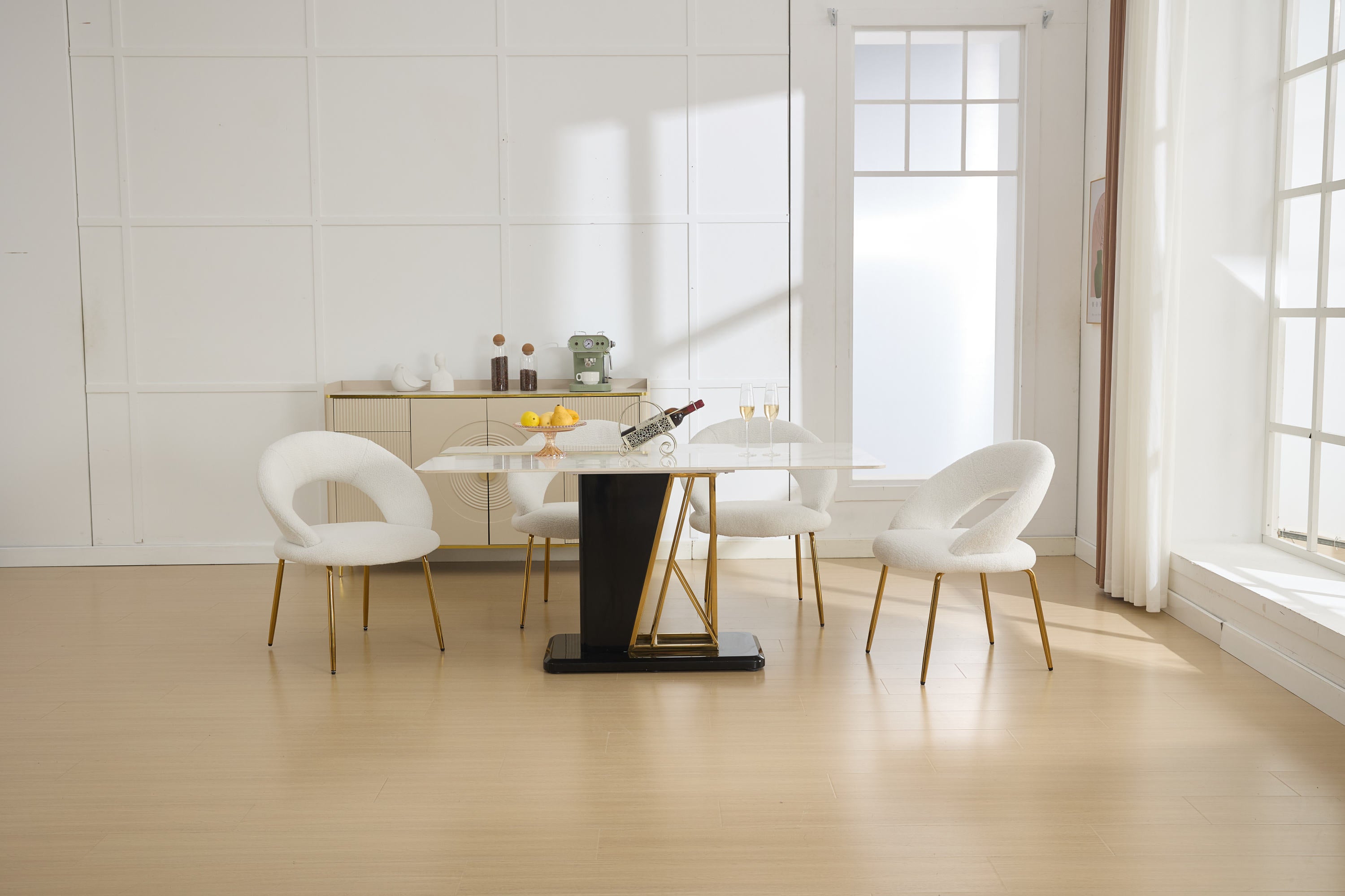 061 Set of 1 White Teddy Fabric Dining Chairs with Curved Backrest and Golden Metal Legs - Elegant Kitchen & Dining Room Seating for Home, Restaurant, or Cafe Use