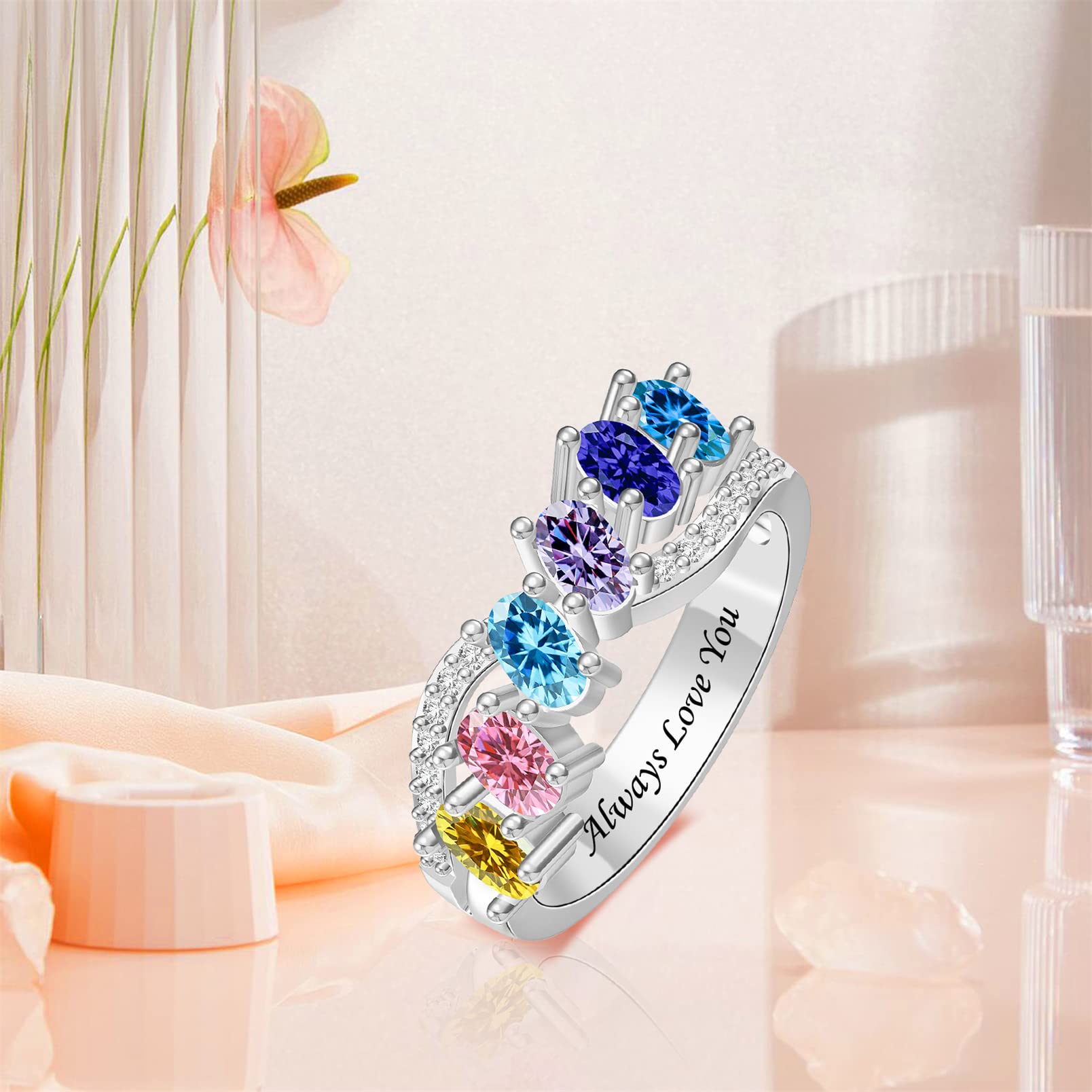 Personalized Sterling Silver Rings for Women - Custom Simulated Birthstone Infinity Band Rings - Perfect Mother's Day Gift, Anniversary Present & Everyday Jewelry for Special Occasions