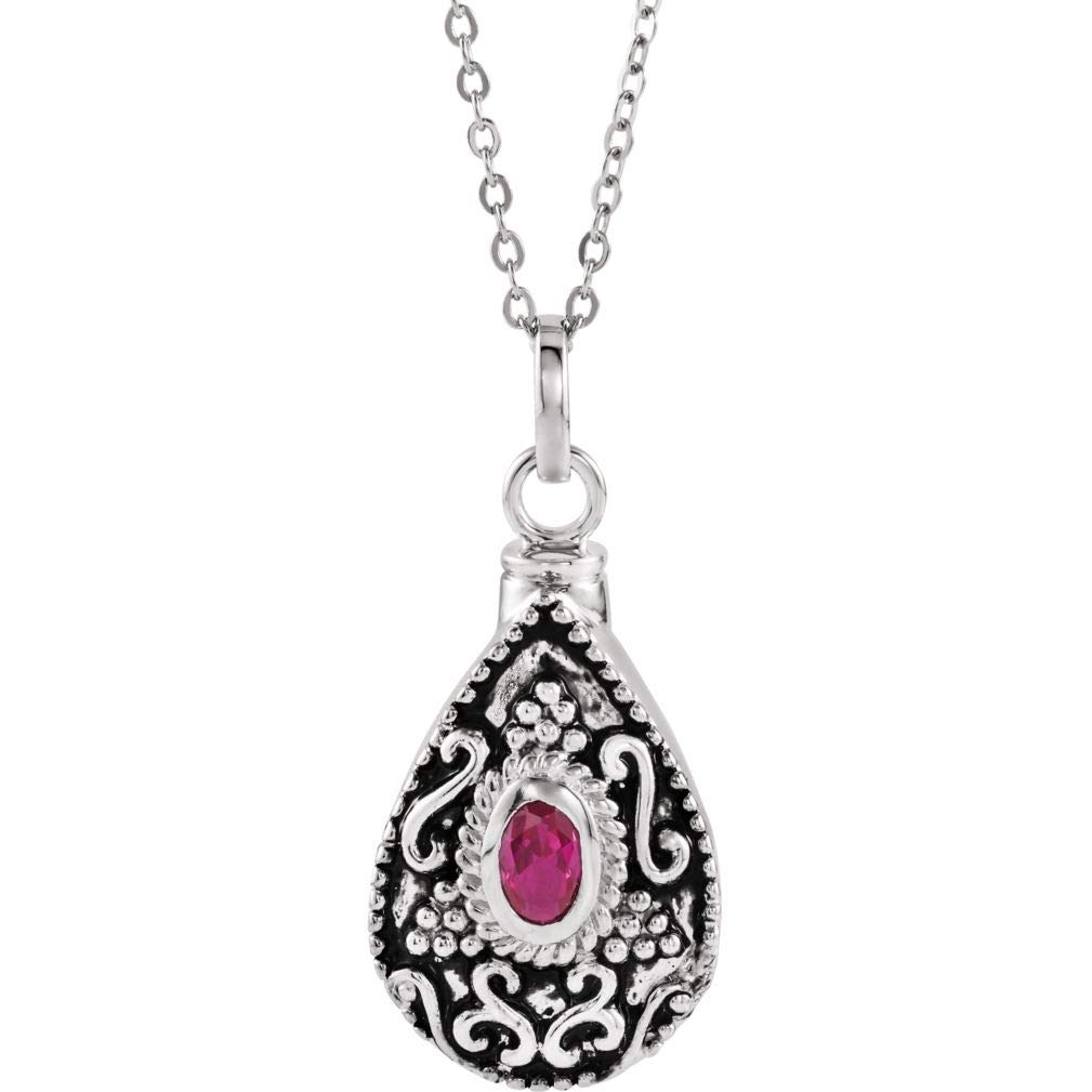 Antiqued Sterling Silver July Birthstone Teardrop Cremation Urn Necklace - 18