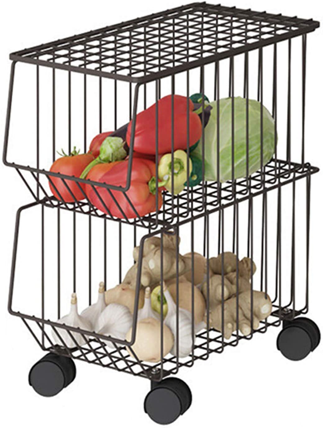 Livronic Stackable Storage Shelf for Kitchen Carts - Multifunctional Rolling Storage Organizer with Wheels & Lid - 2-Tier White Storage Basket for Fruits, Vegetables, Pantry Items - Perfect for Kitchen, Bathroom, Laundry Room & Garage Organization