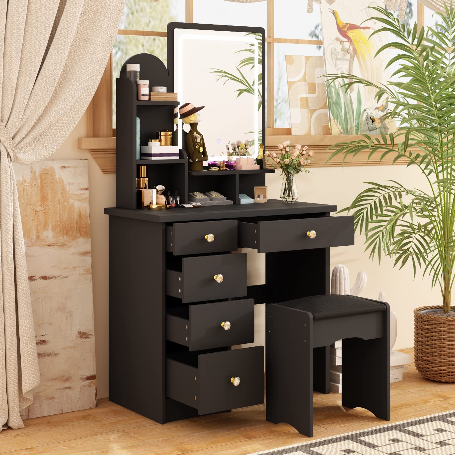 Black Vanity Set with Lighted Mirror & Stool - 5 Drawers Dresser for Makeup & Dressing