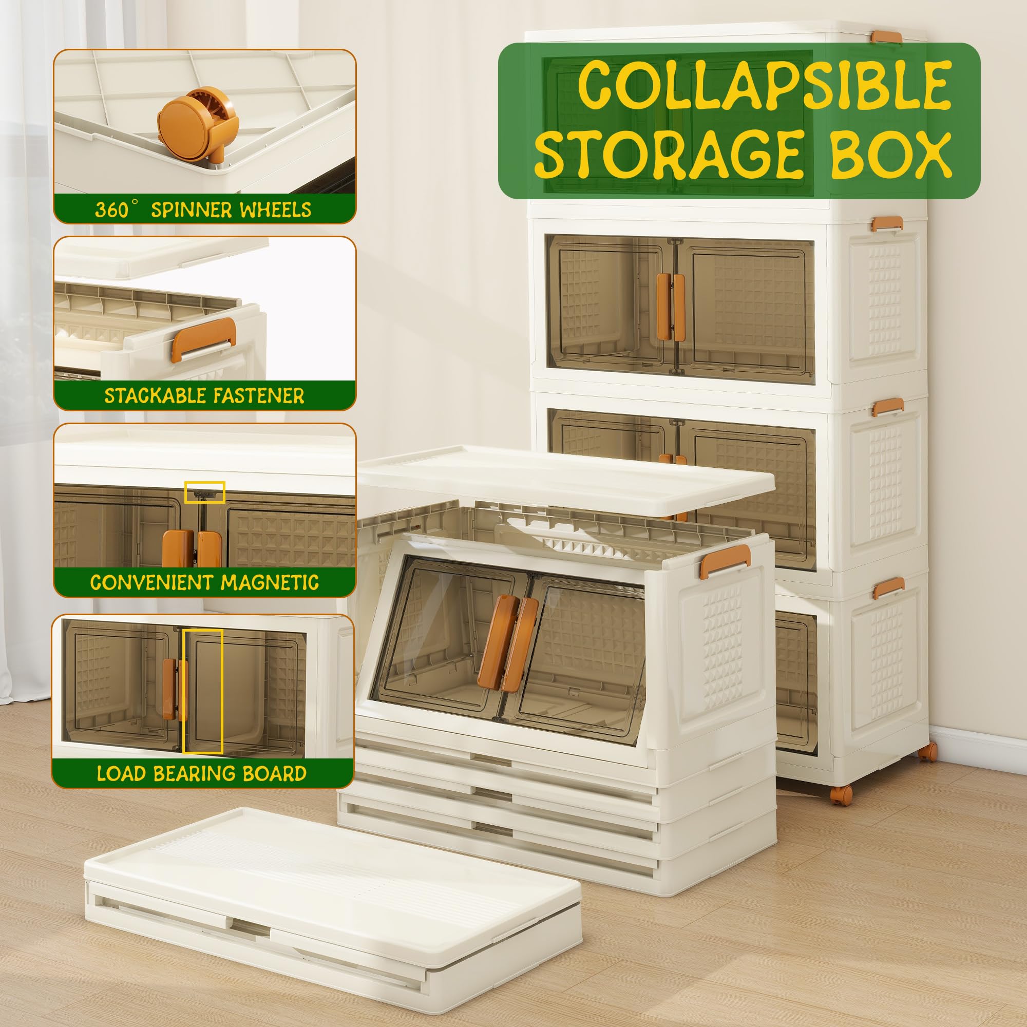 4-Tier Extra Large Stackable Storage Bins with Lids - 142 QT per Tier, Collapsible Plastic Storage Box with Wheels - Space-Saving Home Organization for Closet, Living Room, Office & Dorm - Perfect for Seasonal Clothes, Toys & Household Items Storage