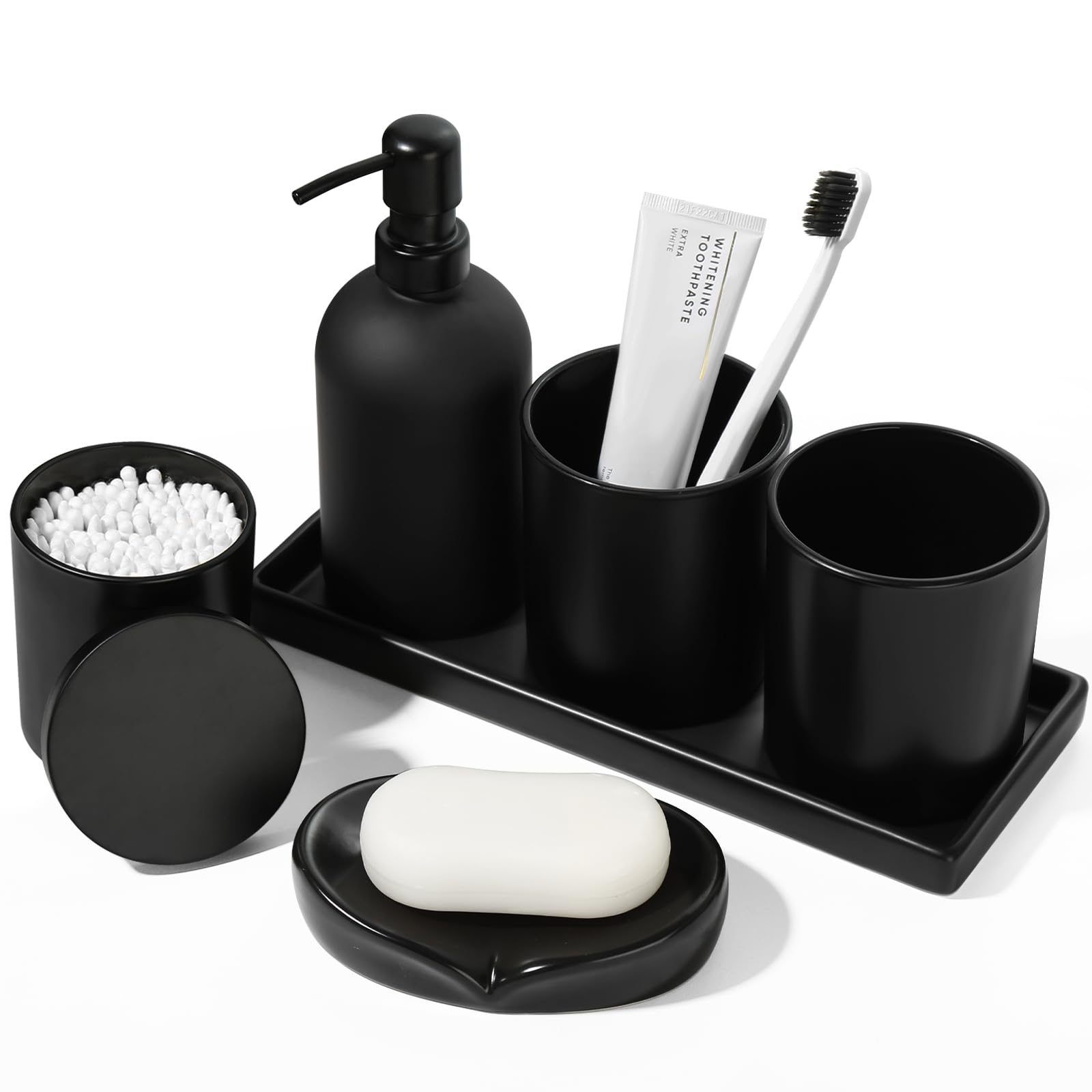 GMISUN 6-Piece Matte Black Bathroom Accessories Set - Glass Soap Dispenser, Toothbrush Holder & Ceramic Tray | Modern Sink Counter Decor for Bathroom Organization & Stylish Home Upgrade