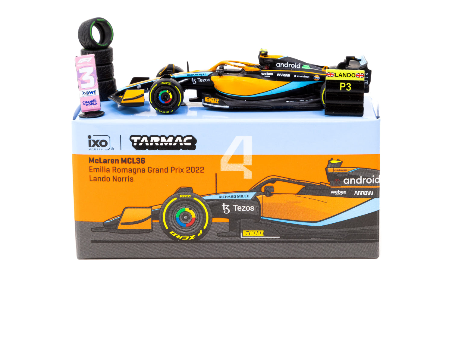 1/64 Scale McLaren MCL36 Lando Norris Emilia Romagna Grand Prix 2022 Diecast Model Car by Tarmac Works & iXO Models - Collectible Racing Car for Display & Gifts