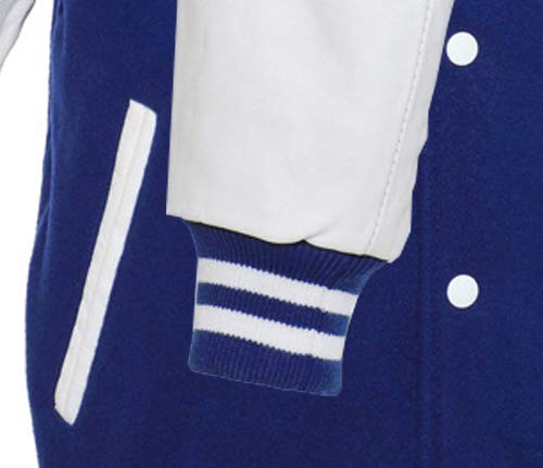 Vintage Navy Blue Wool Letterman Varsity Jacket with White Genuine Leather Sleeves - Classic Bomber Style for High School, College & Casual Outfits