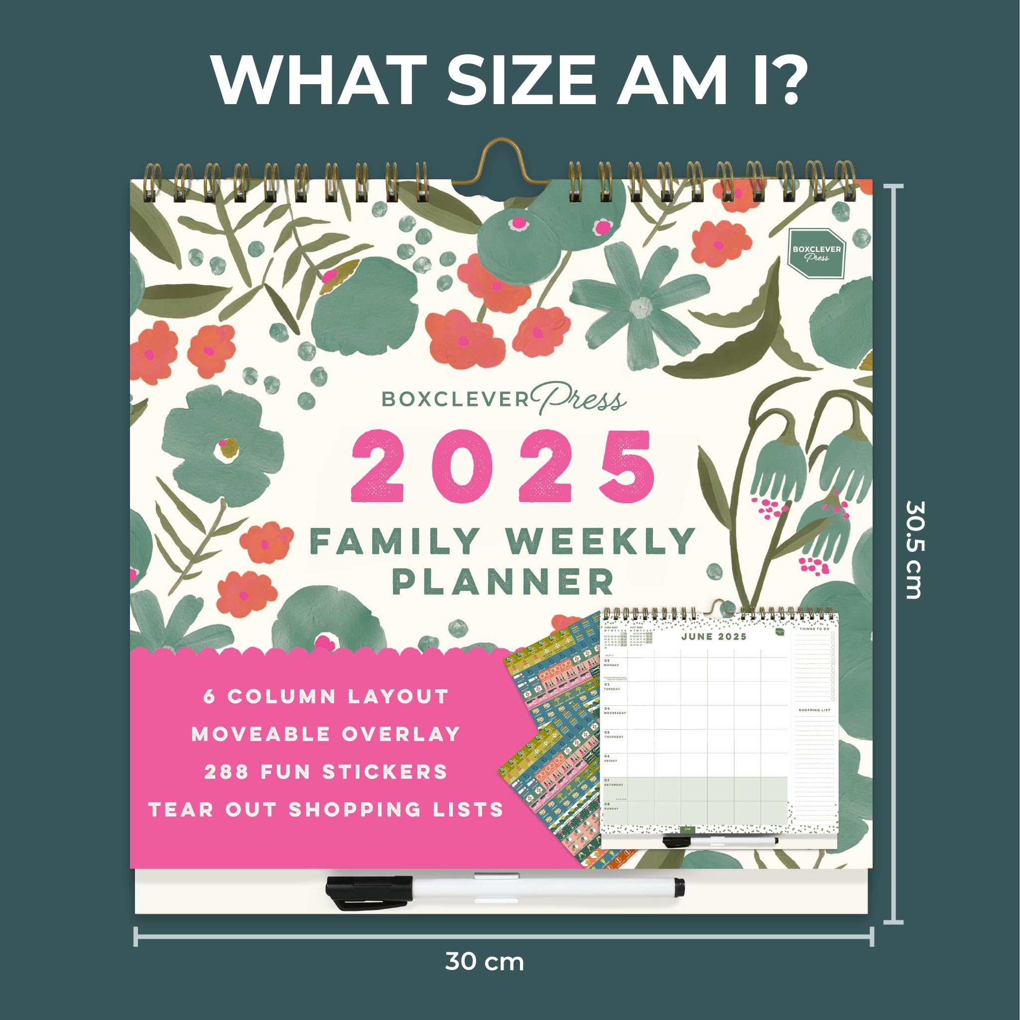 Boxclever Press Family Weekly Planner 2025 - 12 Month Wall Calendar with 6 Columns, Lists, Pocket & Stickers | January to December 2025 | Perfect for Home Organization, School Schedules & Family Planning