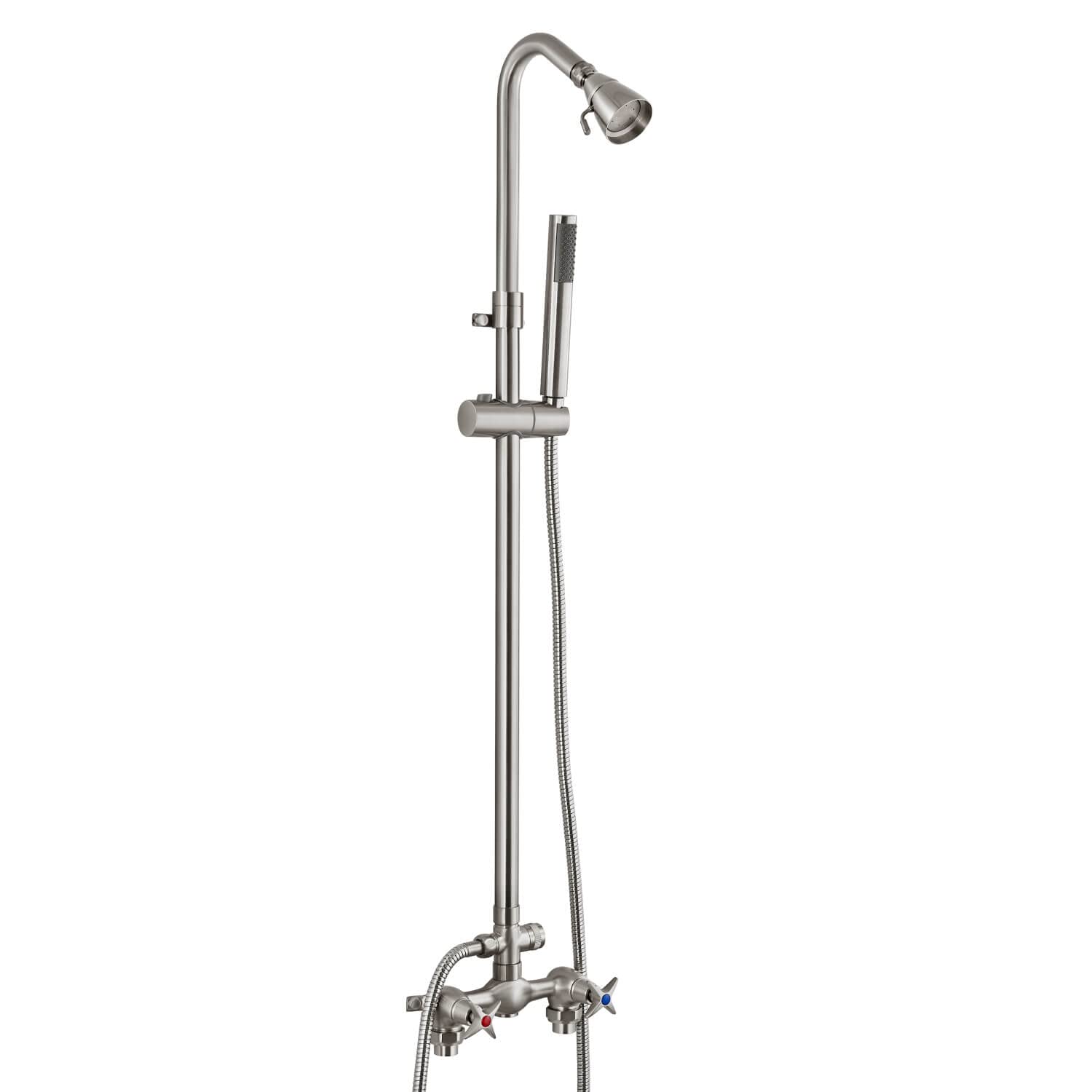 Brushed Nickel Wall Mounted Exposed Shower Fixtures with Handheld Shower Head - Outdoor Shower Kit with 2 Cross Handles & Adjustable Slide Bar - Dual Function Shower Faucet for Bathroom, Poolside, and Garden Use