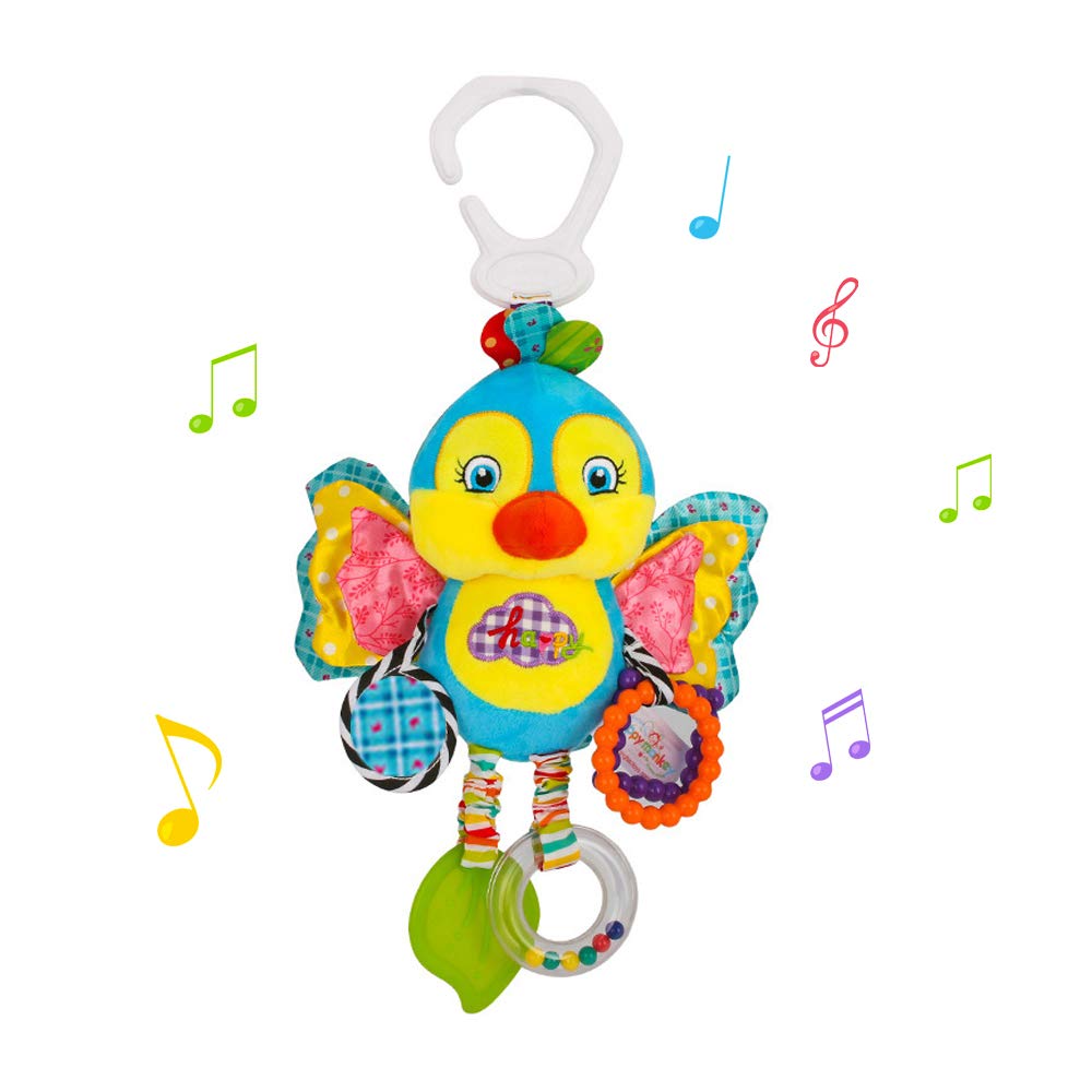 Willway Soft Hanging Blue Bird Stuffed Toys for Baby Car Seat, Stroller, Crib & Bassinet - Rattles, Squeaker & Distorting Mirror Clip-On Toy for Boys & Girls 0-36 Months - Perfect for Travel, Playtime & Sensory Development