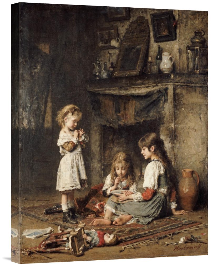 Alexei Alexeiewitsch Harlamoff Blowing Bubbles Canvas Wall Art Print - Gallery Wrap Giclee Reproduction - Home & Office Decor, Living Room Bedroom Wall Decor