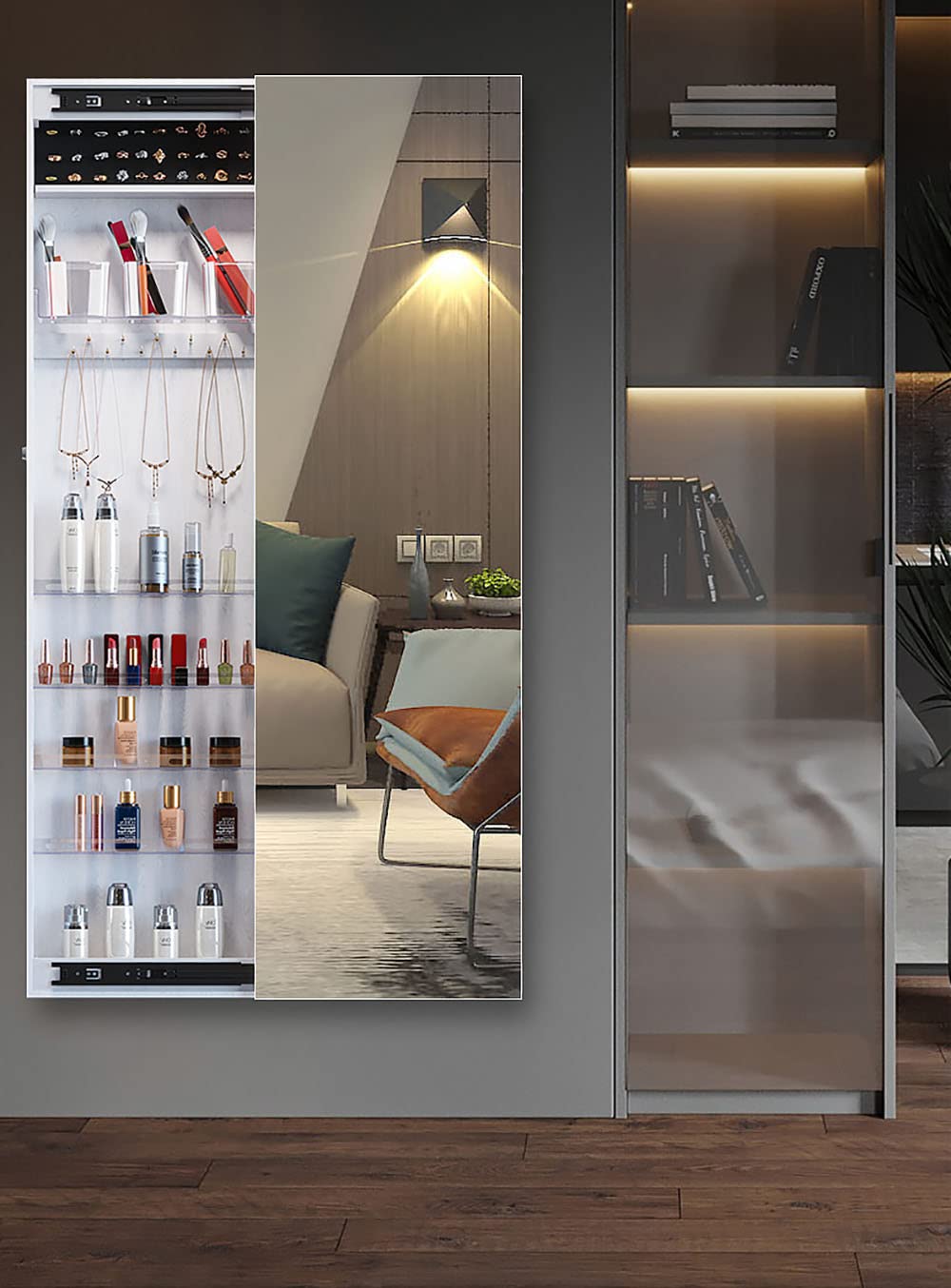 GPAIHOMRY 55.1 Inch White Wall Mount Jewelry Armoire Cabinet with Full Length Mirror Sliding Door - Large Storage Organizer for Necklaces, Rings & Accessories - Perfect for Bedroom Closet or Dressing Room