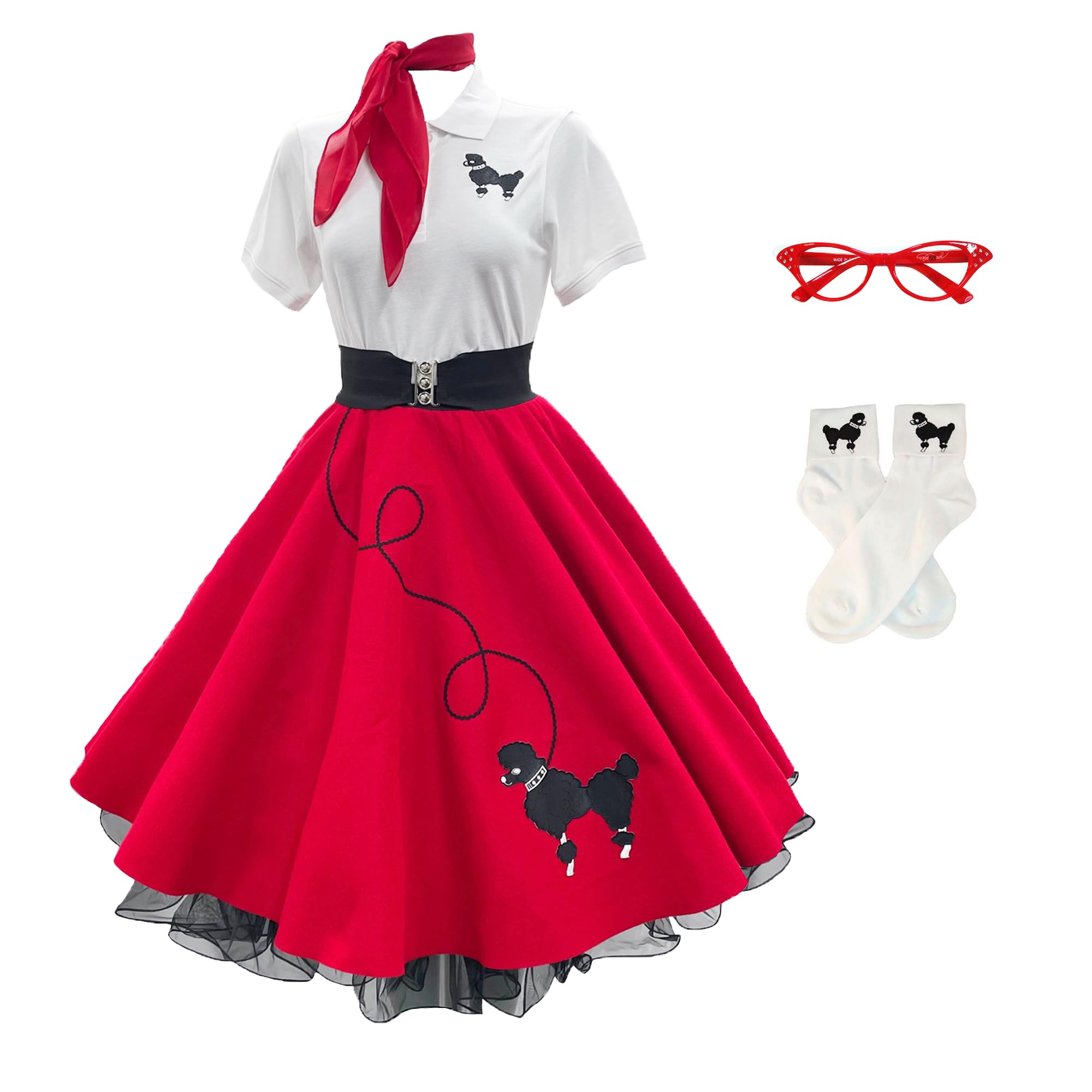 Vintage 1950s Poodle Skirt Costume Set for Women - 7 Piece Outfit with Petticoat, Polo Shirt & Retro Accessories | 50s Sock Hop, Halloween Party & Themed Dance Costume