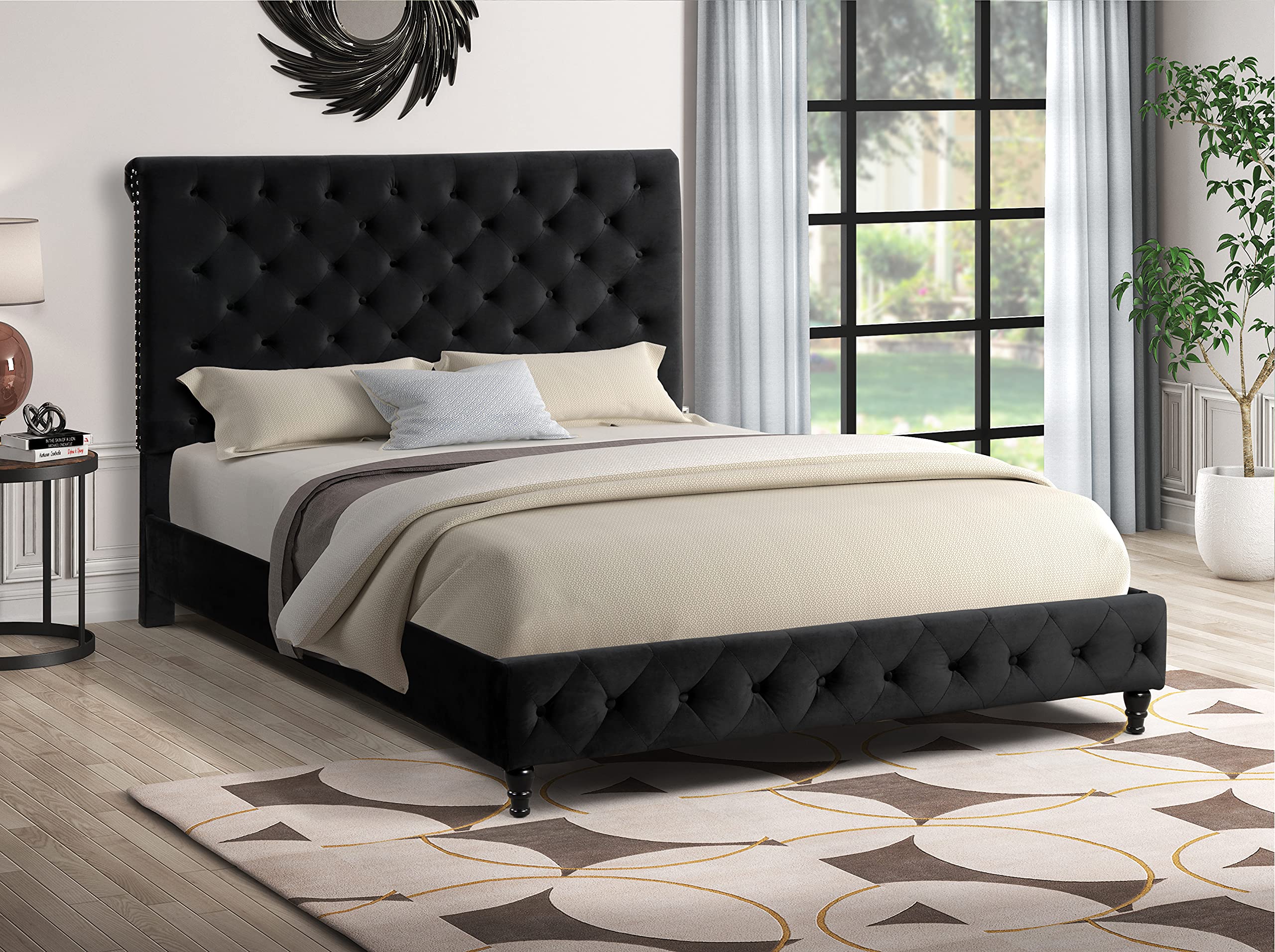 Best Master Furniture Kathy Upholstered Velvet Platform Bed - King Size Black Luxury Bed Frame for Modern Bedroom | Perfect for Master Suite, Guest Room & Apartment