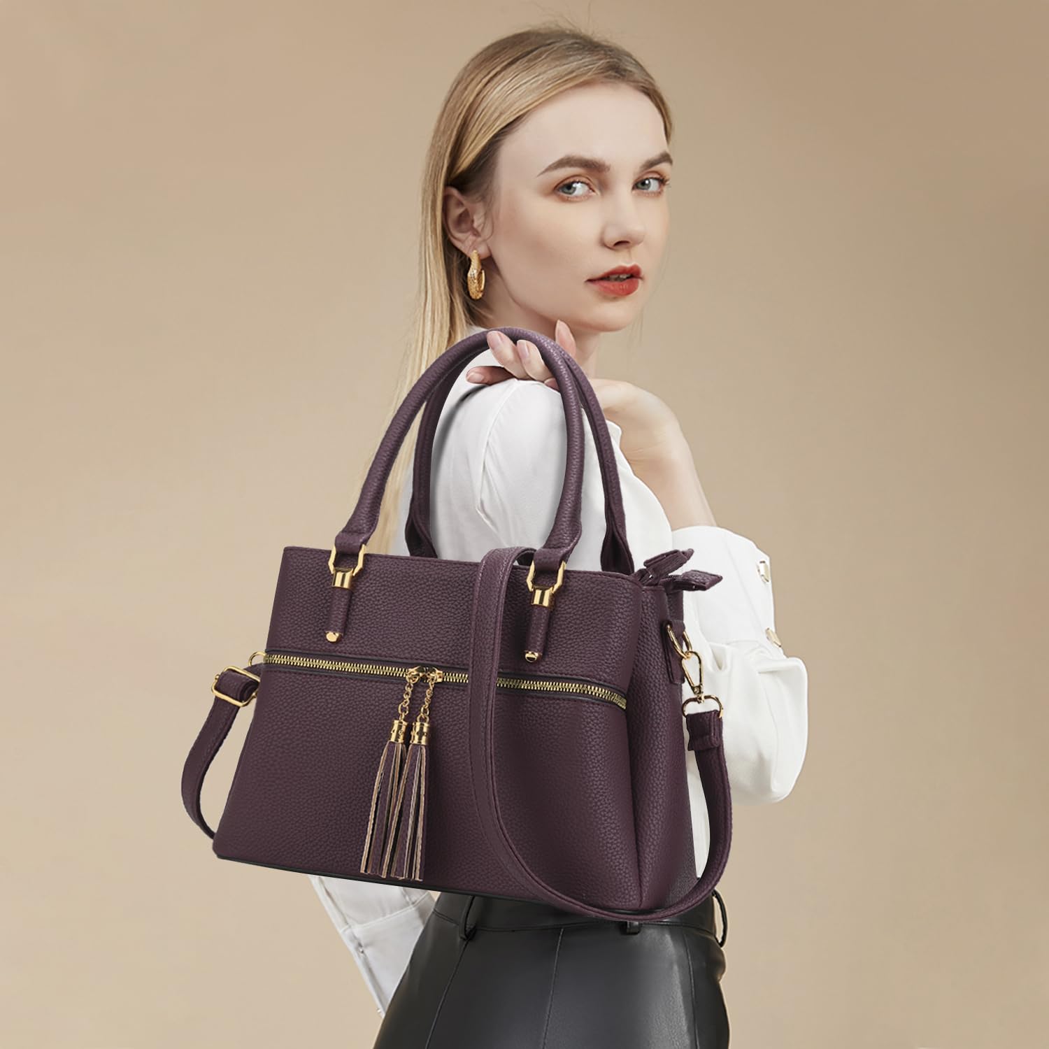 KKXIU Women's Leather Satchel Bag - Stylish Crossbody Shoulder Handbag with Zipper Pockets for Work, Travel & Daily Use