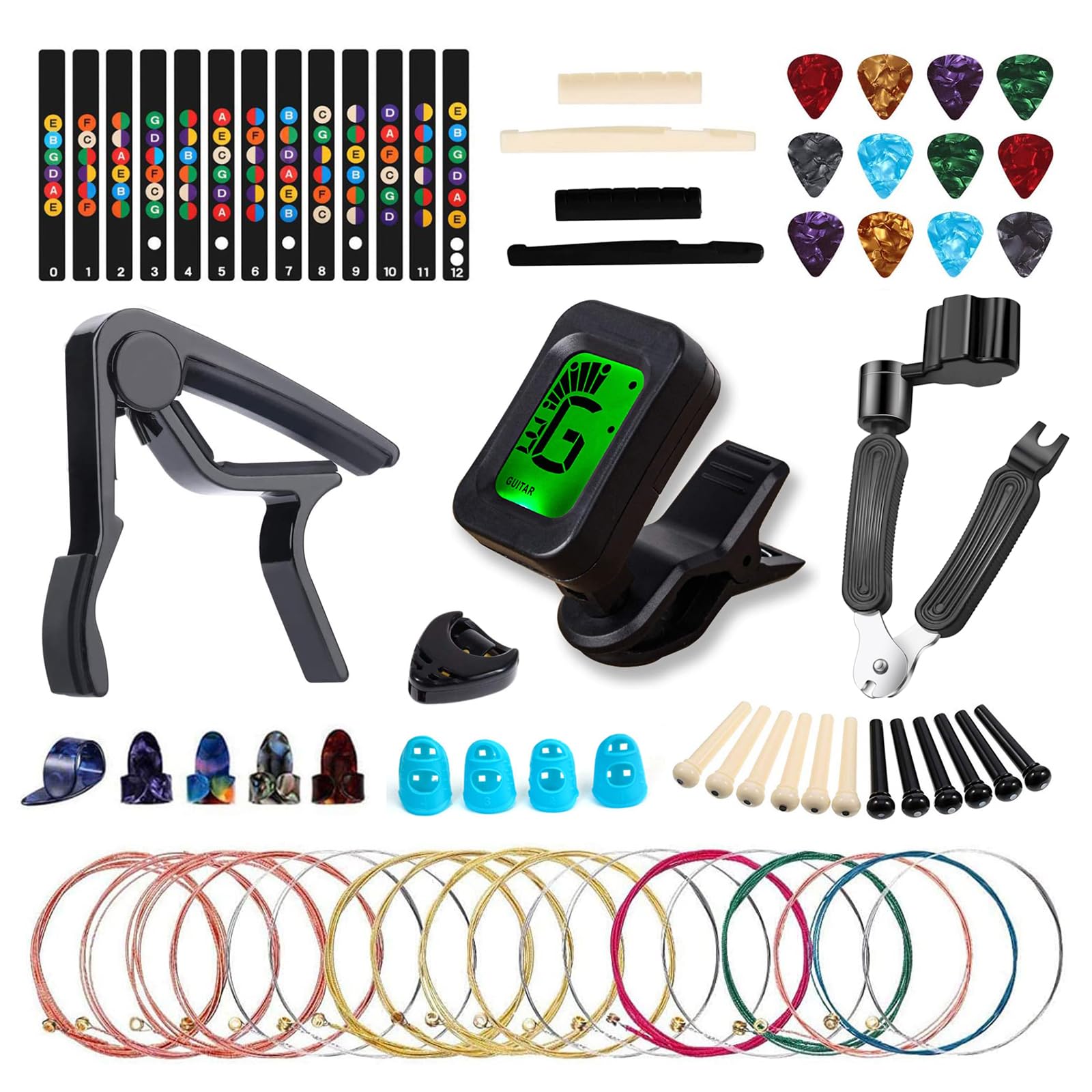 60PCS Acoustic Guitar Accessories Kit with Strings, Tuner, Capo, 3-in-1 Restring Tool, Picks & More - Complete Maintenance Set for Guitar Players | Perfect for Beginners, Performances & Home Practice