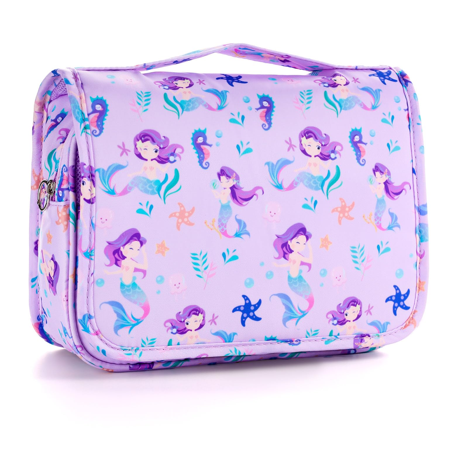 Waterproof Kids Hanging Toiletry Bag for Girls - Mermaid Purple Travel Cosmetic Organizer | Perfect for Toddler Travel, Camping & Sleepovers | Cute Makeup Wash Bag for Little Girls