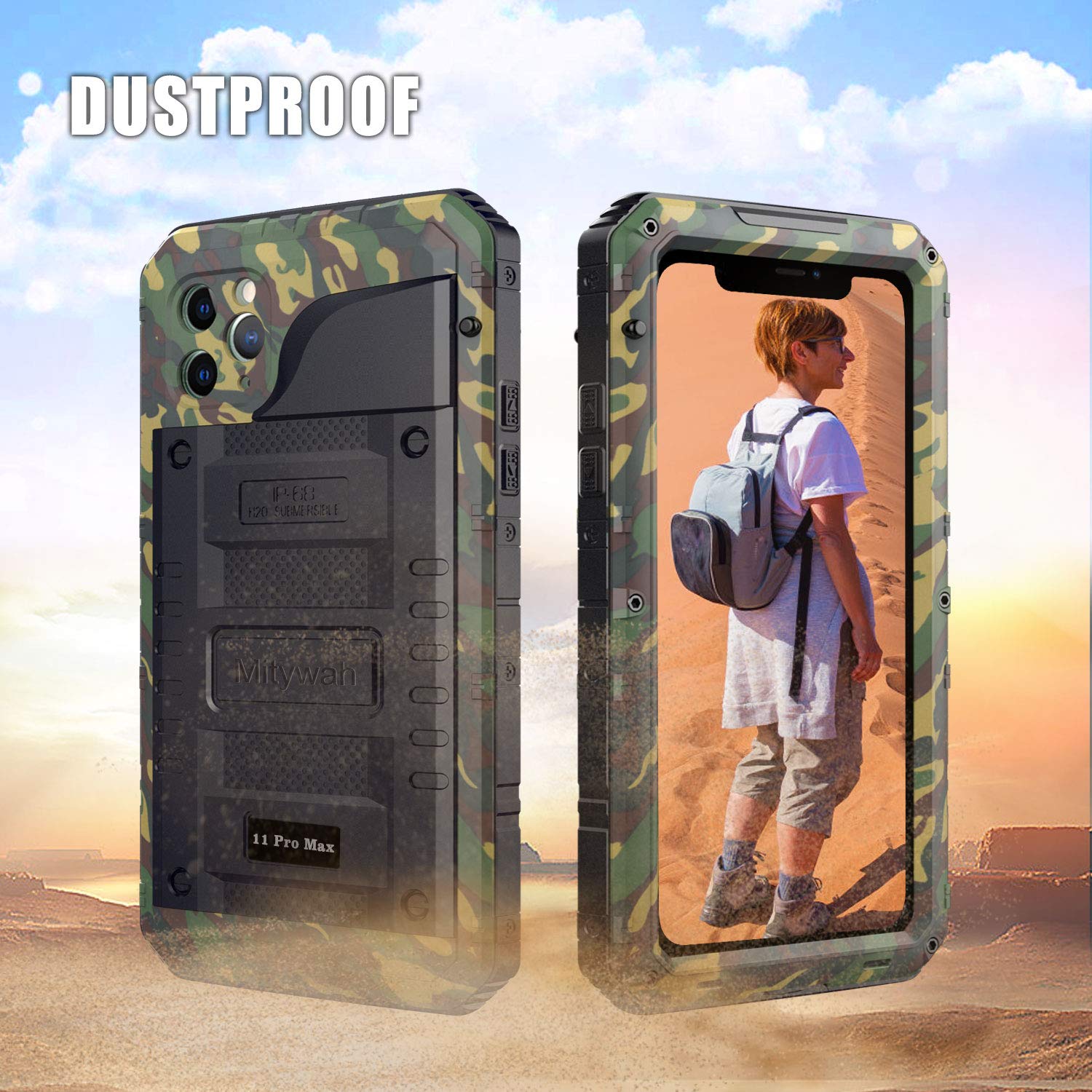 Mitywah Heavy Duty Military Grade Waterproof Case for iPhone 11 Pro Max - Shockproof Full Body Protection with Built-in Screen Protector & Sturdy Metal Frame | Perfect for Outdoor Adventures, Hiking, and Extreme Sports (Camouflage Design)