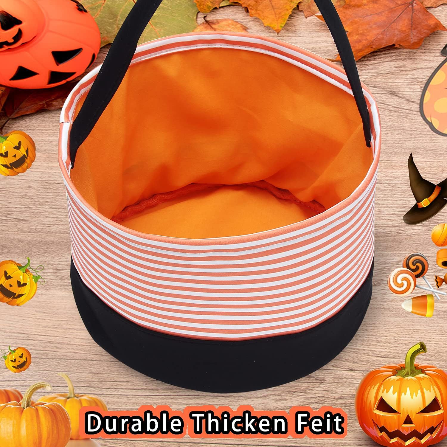Halloween Candy Basket - Trick or Treat Bags for Kids, Fabric Candy Buckets with Handle, Halloween Party Supplies & Decorations (Orange Stripe) - Perfect for Trick-or-Treating, Halloween Parties & Gift Giving