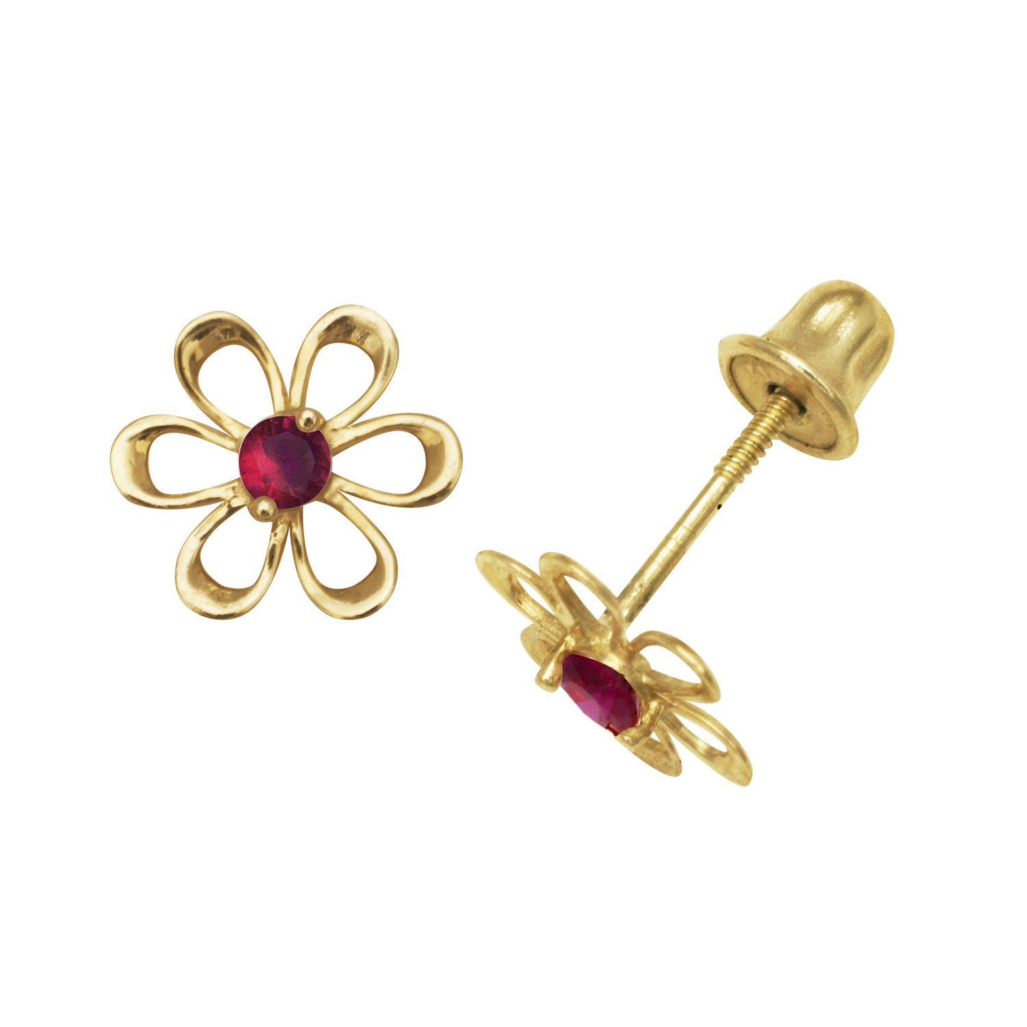 14K Yellow Gold Red CZ Cubic Zirconia Simulated Diamond Small Flower Screw Back Earrings (7x8mm) - Elegant Jewelry Gift for Women, Perfect for Weddings, Parties & Special Occasions