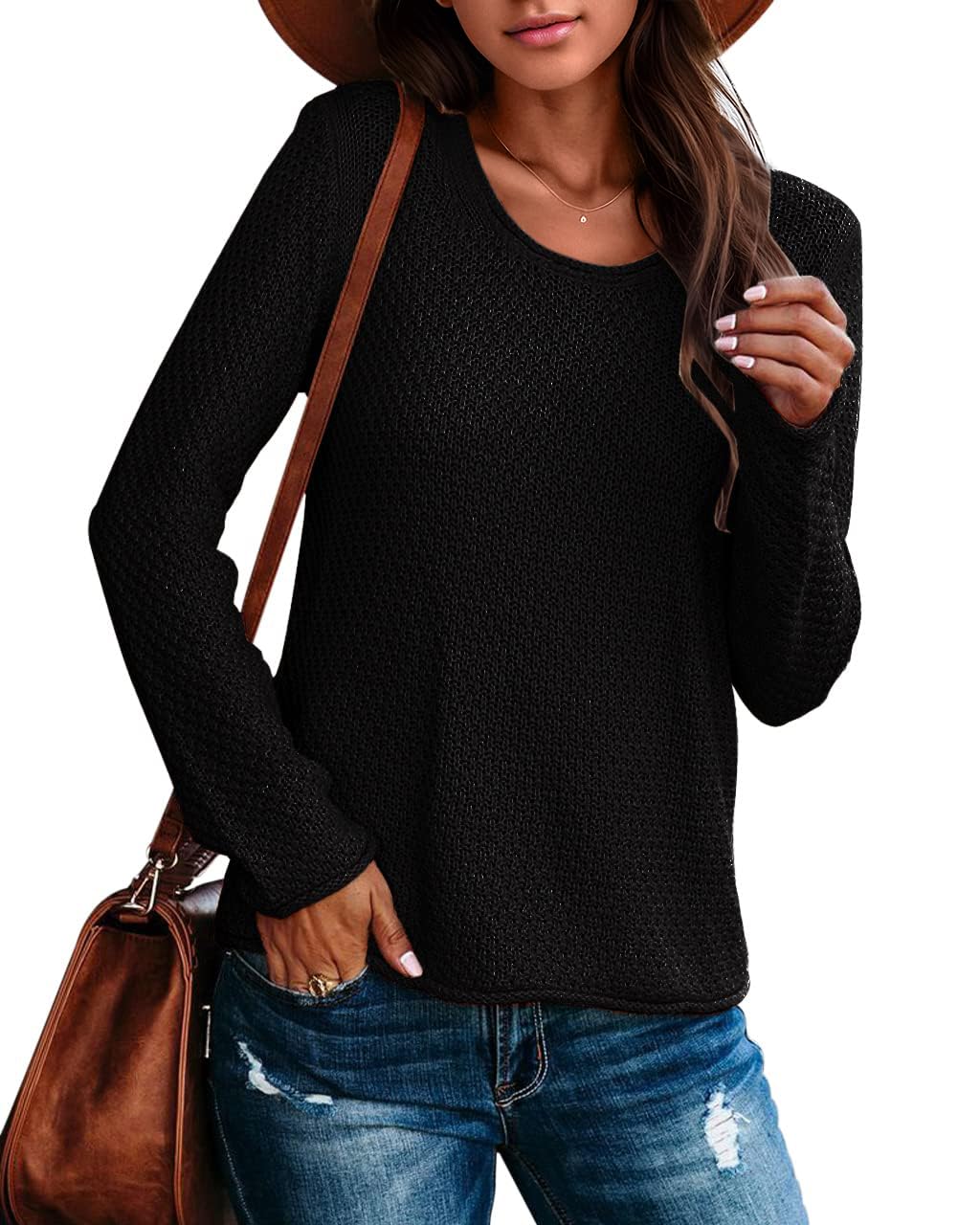 Ebifin Women's Crew Neck Pullover Sweater - Solid Color Casual Knit Top | Warm & Lightweight Winter Wear for Office, Dating & Everyday Outfits