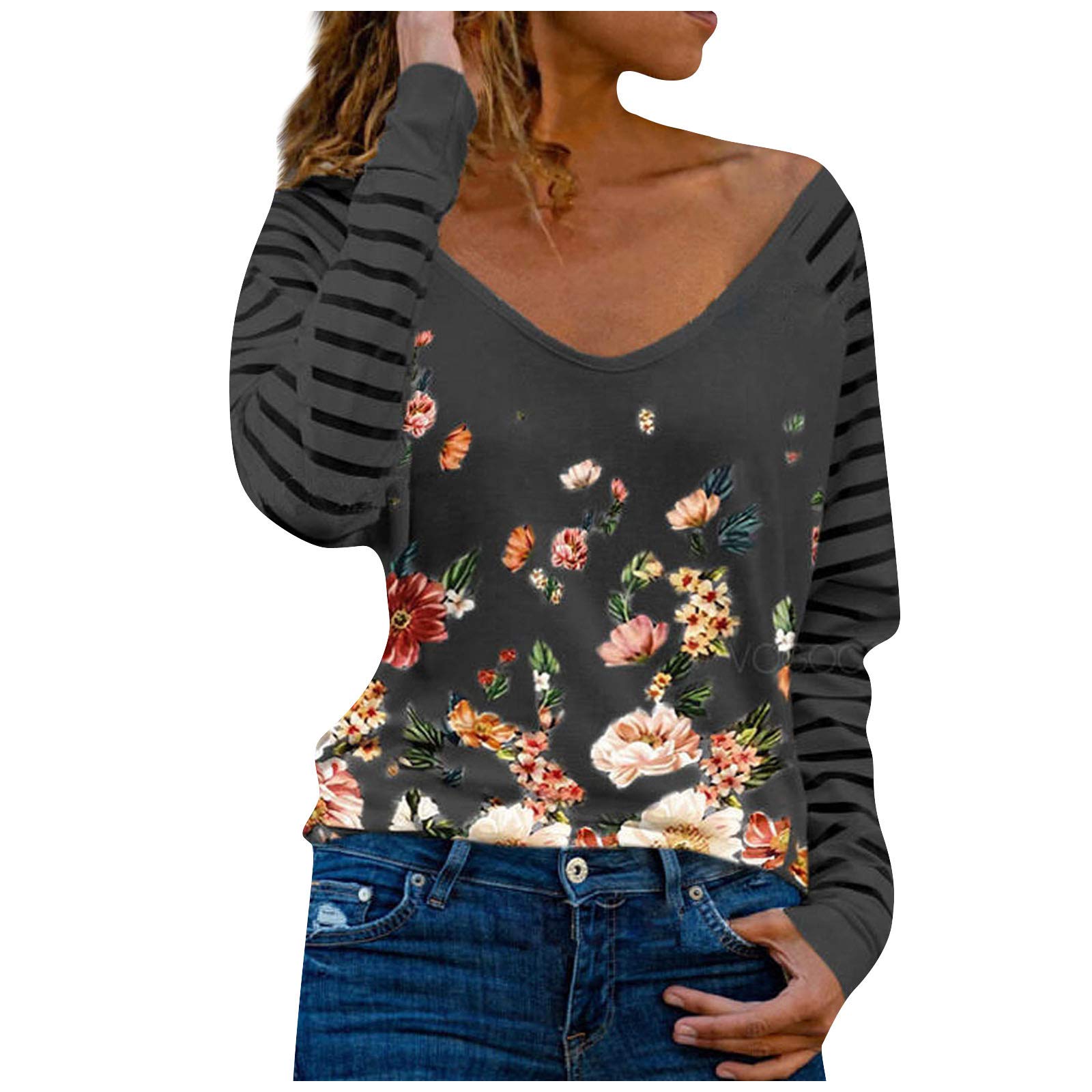 Women's Long Sleeve V-Neck Floral Printed Patchwork Blouse - Spring Fashion Pullover Tops for Casual Wear, Office & Date Night