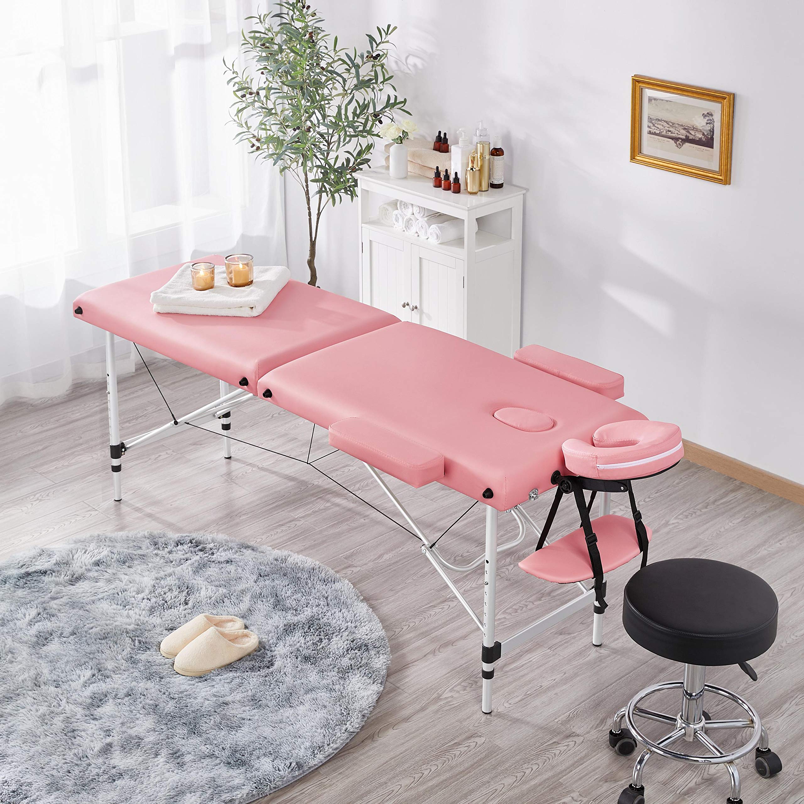 Yaheetech Portable Massage Table - Adjustable Spa Bed for Facial, Tattoo & Eyelash Extensions - Lightweight Aluminum Frame with Pink Vinyl Upholstery - Perfect for Salons, Spas & Home Use