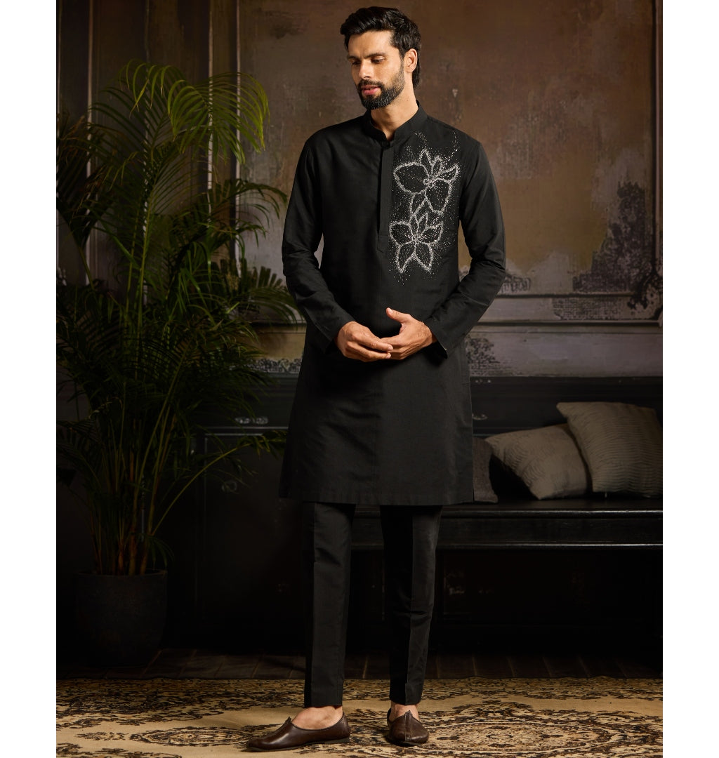 Black & Silver Star Dust Floral Motif Kurta with Matching Black Pants - Elegant Indian Ethnic Outfit for Women | Perfect for Festivals, Weddings & Cultural Events