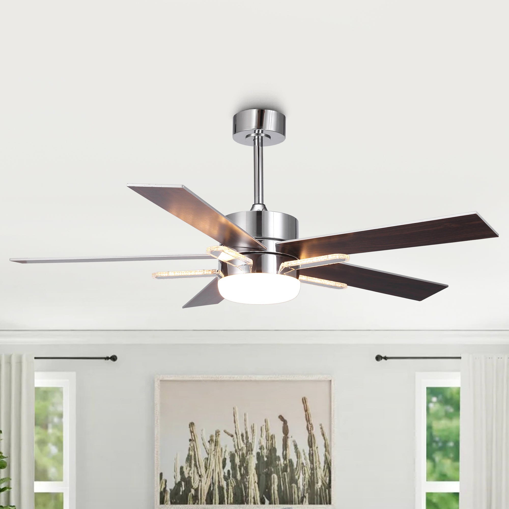 52 Inch Modern Ceiling Fan with Double-Sided Blades, Downrod Mount & Main/Side LED Lights - Perfect for Living Room, Bedroom, and Outdoor Patio Cooling