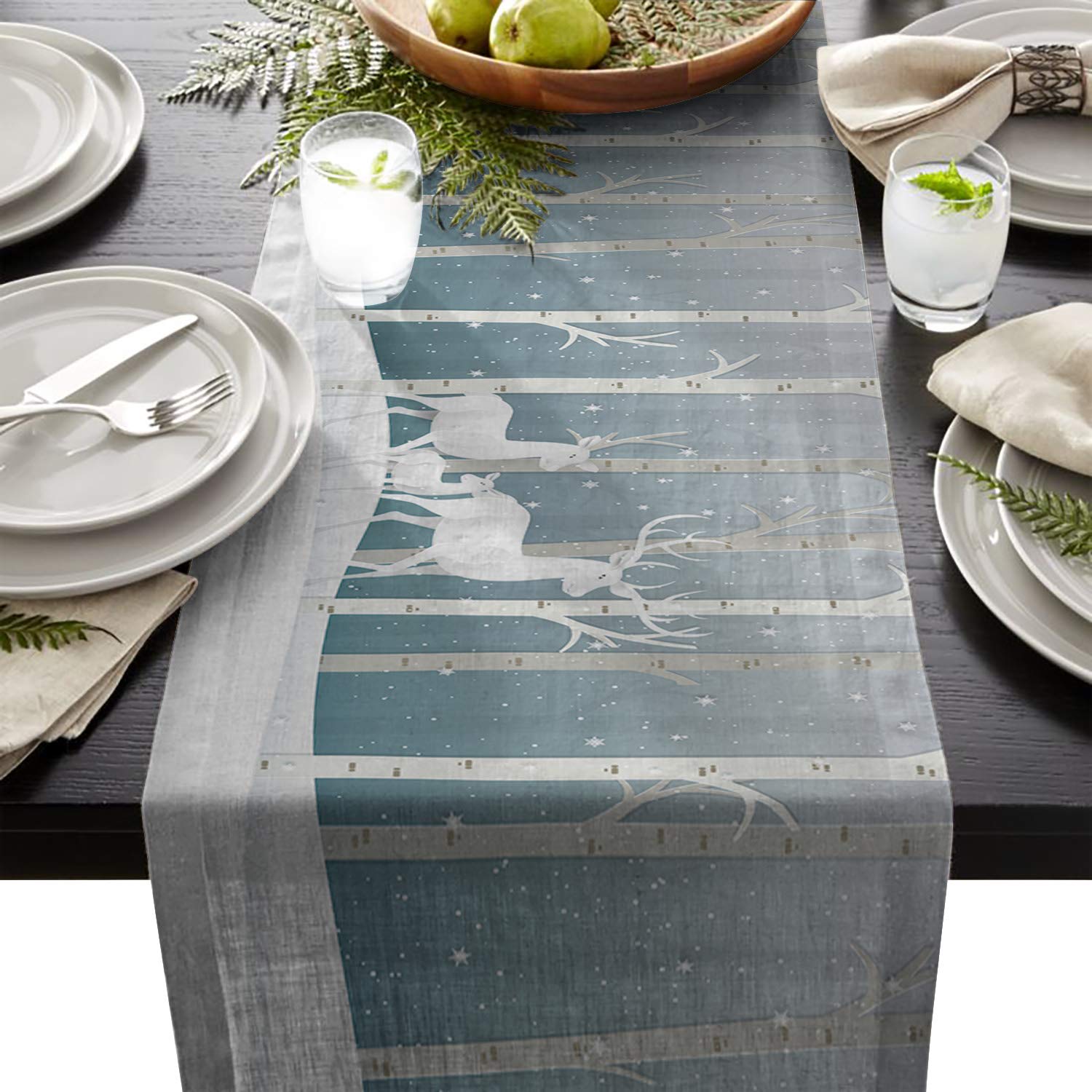 Christmas Table Runner 13x70 Inch - Forest Design with Abstract Woods, Wild Animals, Deer & Elk - Perfect for Wedding, Birthday, Baby Shower Party Decorations & Holiday Table Setting