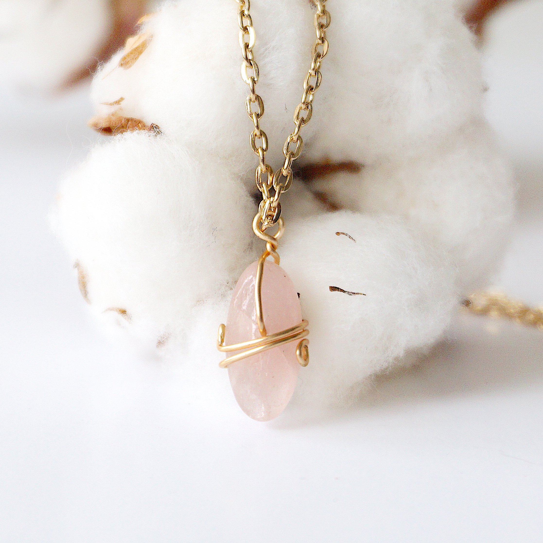 Rose Quartz Necklace - Gold Plated Brass Wrapped Charm Necklace for Women, Healing Crystal Jewelry Gift for Her - Perfect for Meditation, Yoga & Spiritual Wellness